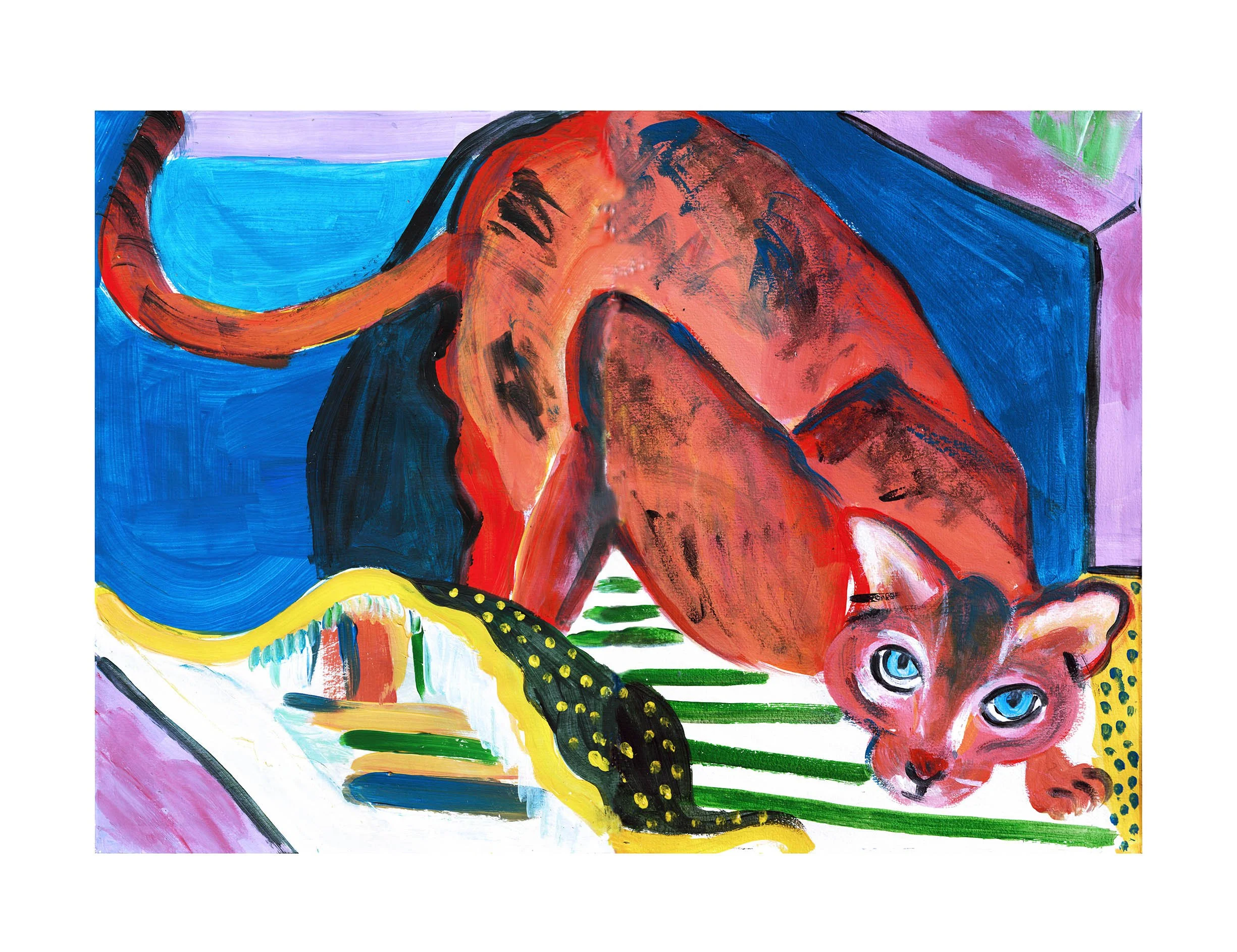 Colorful abstract painting featuring a red-orange cat with blue eyes, black spots, and a long orange tail, set against pink, purple, blue, green, and white backgrounds.