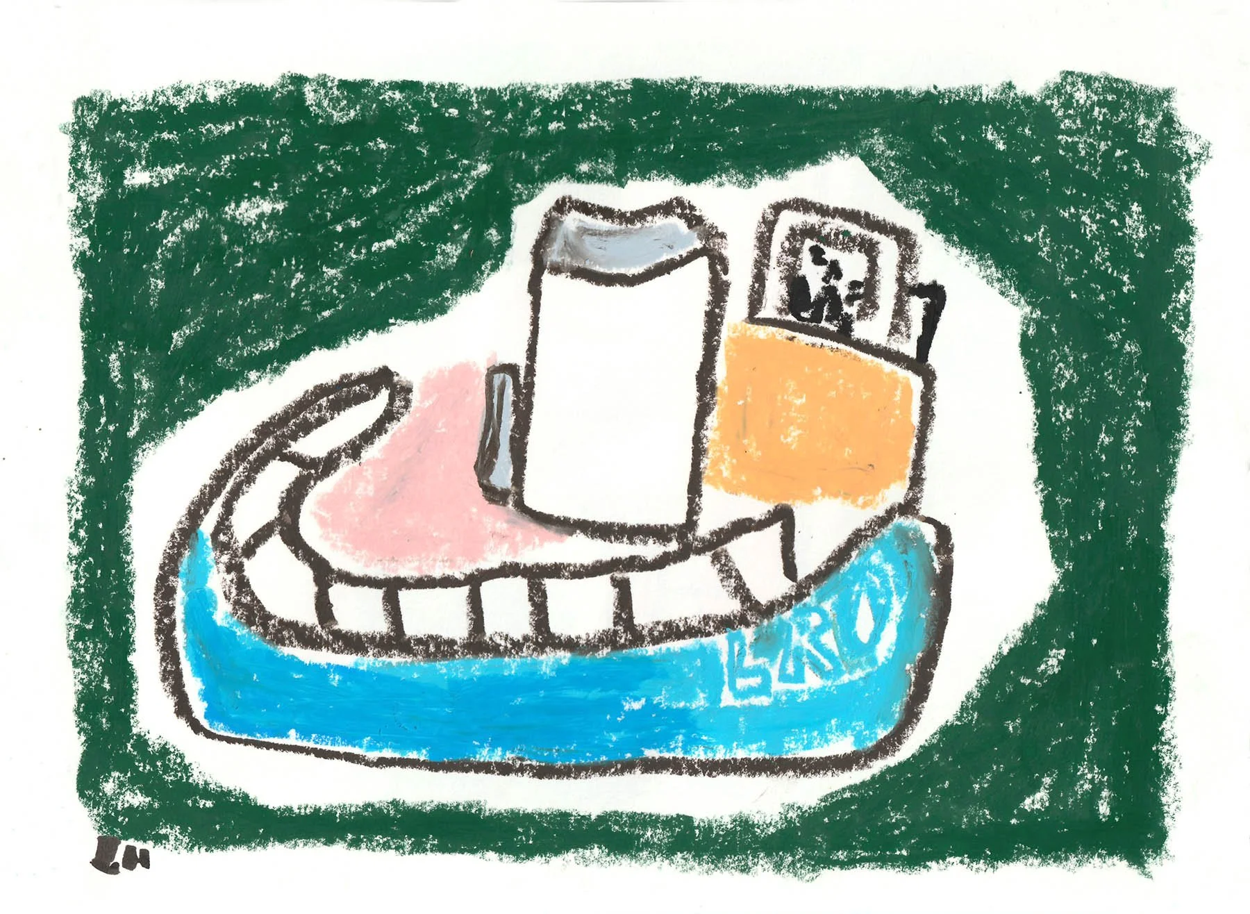 Colorful crayon drawing of a little boat in child-like style, with a green background. Oil pastels on paper.