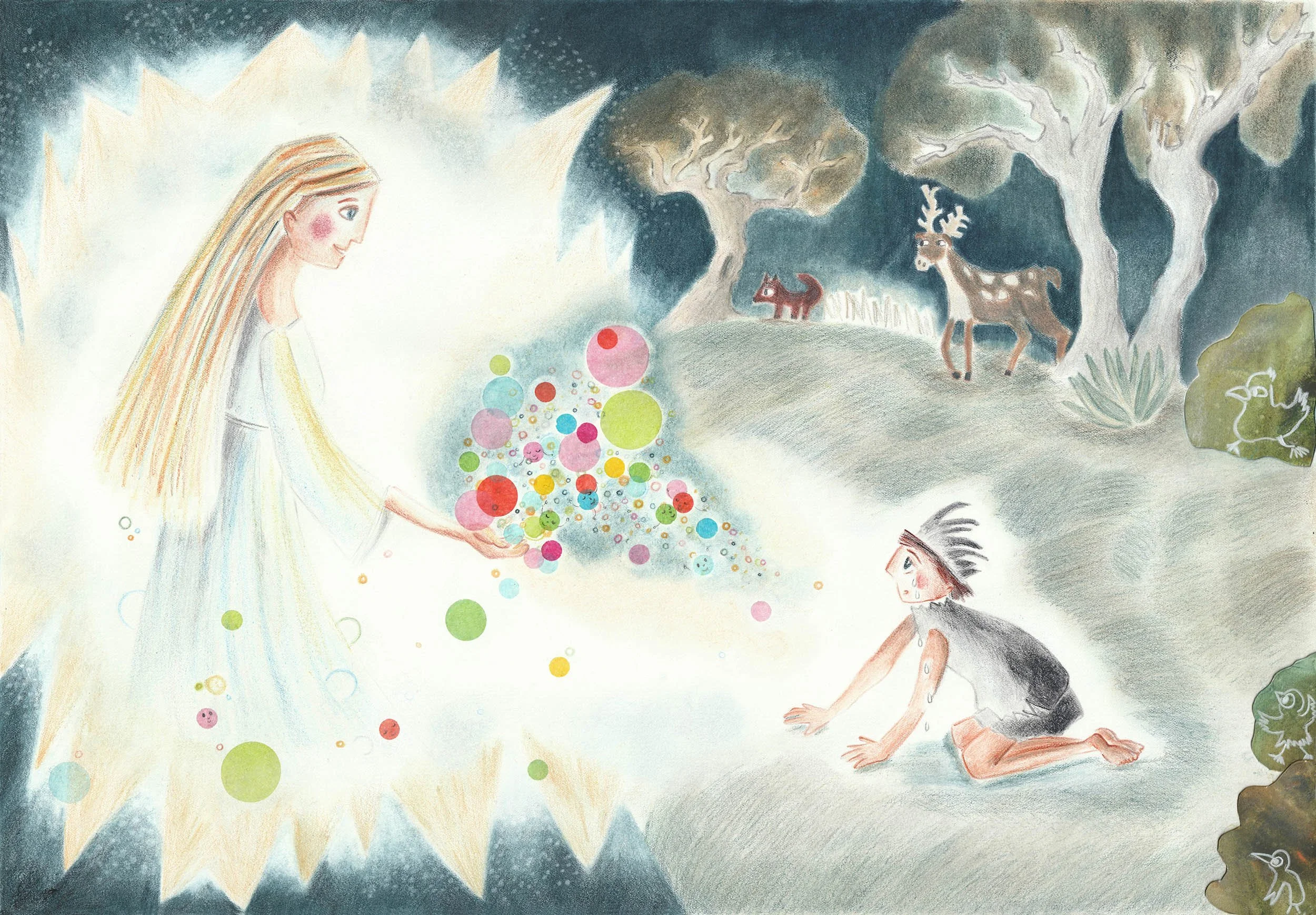 A hand-drawn illustration of a fairy tale scene featuring a woman with long blonde hair, a young girl with dark hair in a ponytail, a fox, a reindeer, and several trees in a forest, depicted in soft pastel colors.