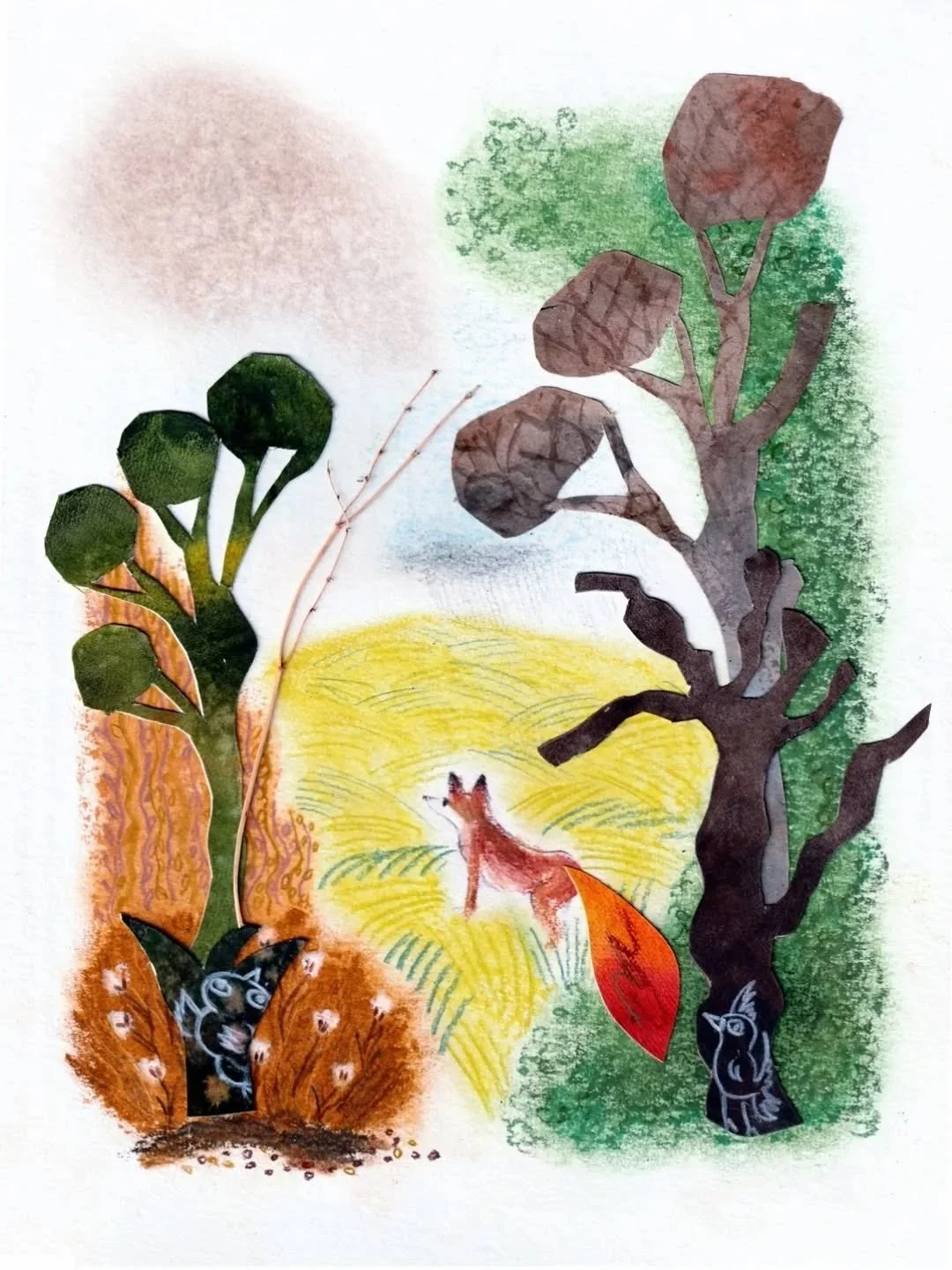 Eyes on the horizon. 🦊 
A little snippet from my latest collage explorations

Swipe to see the process video and turn your volume up&mdash;can you hear the sound of the paper? ✂️☁️

#elandem_art #papercollage  #picturebookprocess #kidlitart #picture