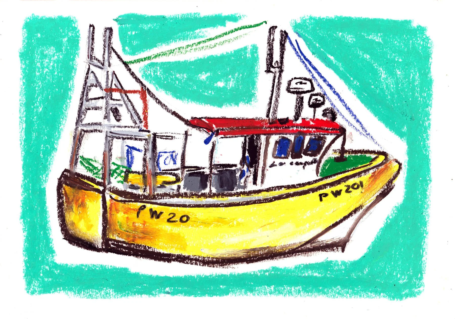Child's colorful crayon drawing of a boat with a yellow hull, red deck, and blue and white details, set against a turquoise background.