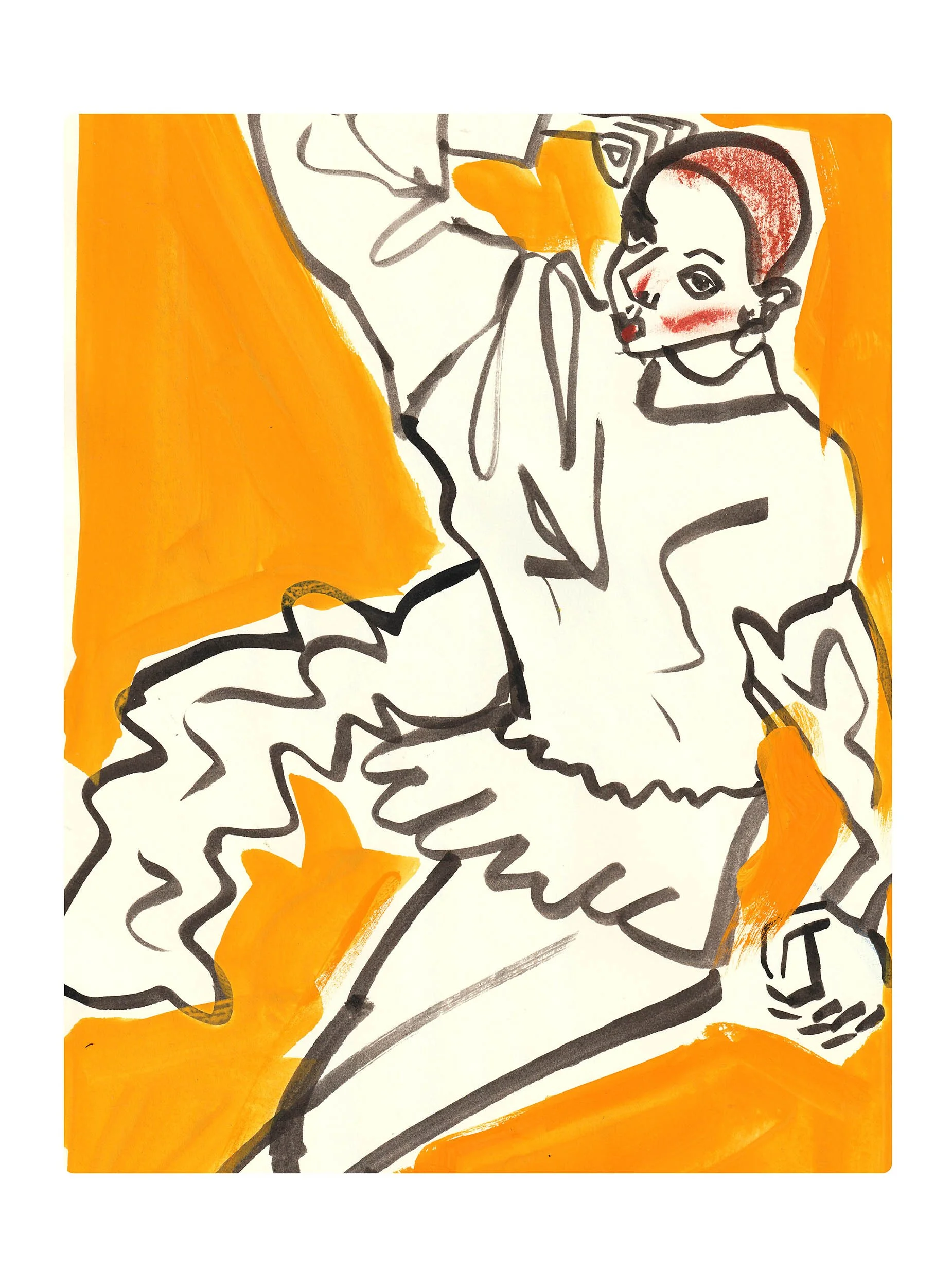 An abstract line drawing of a woman sitting with her legs crossed, wearing a dress with ruffles, against a vibrant orange background.