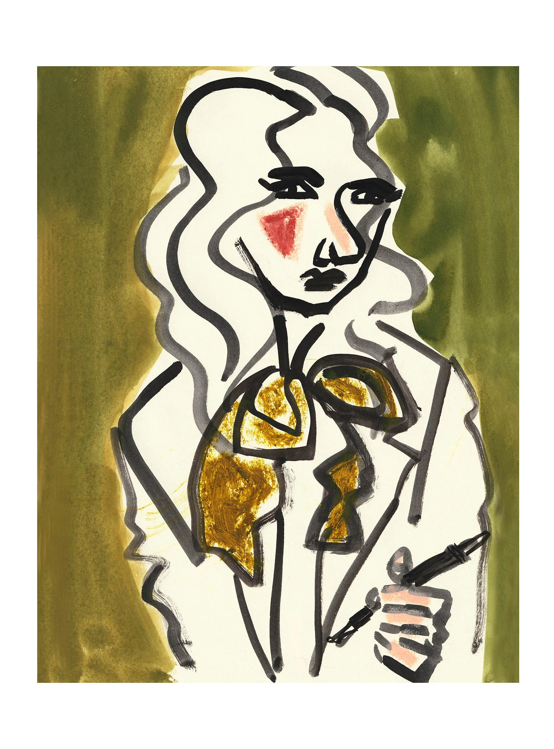 LauraHumphris-ink-and-gouache-fashion-girl with pen on green background - portrait web.jpg