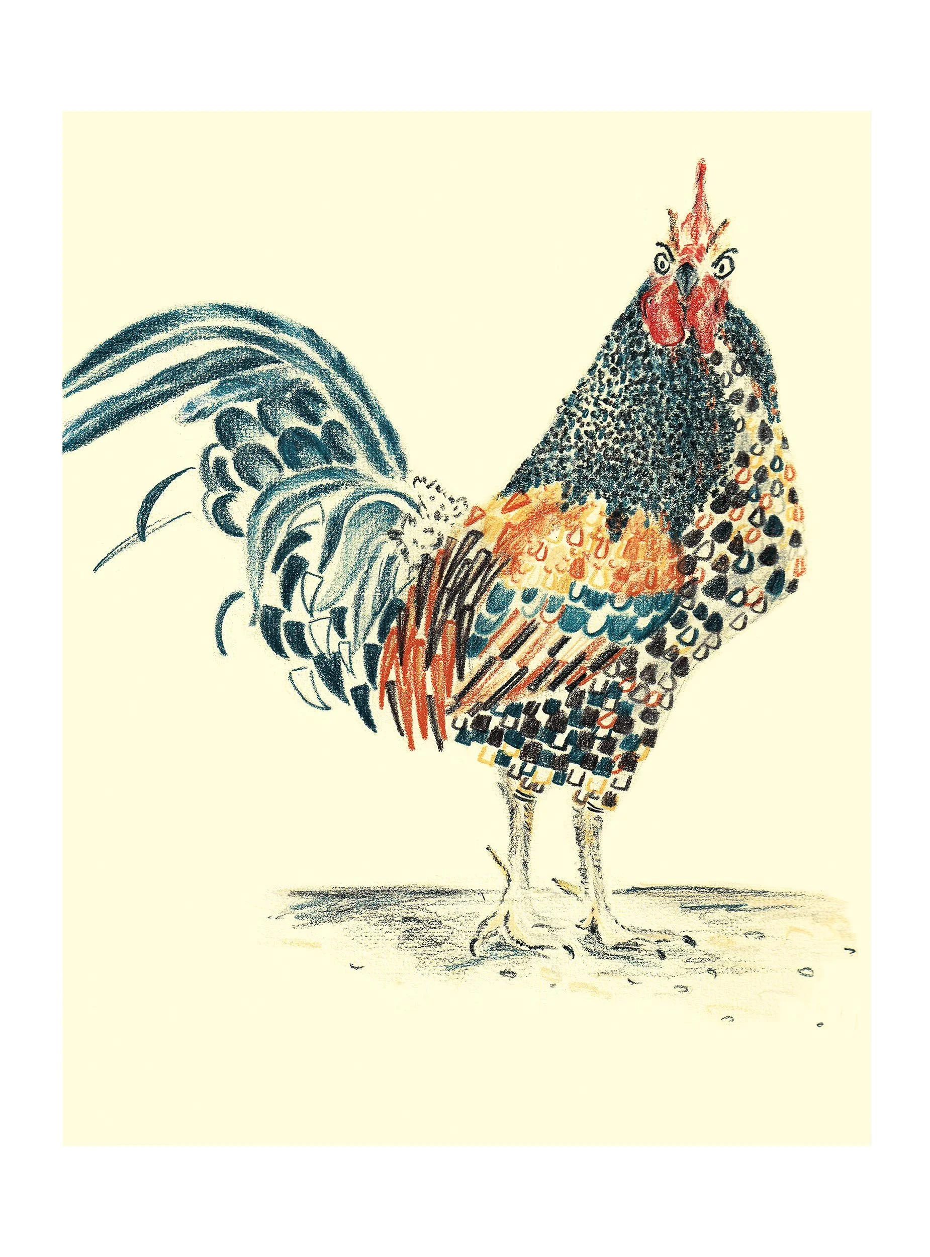 Artistic illustration of a rooster with colorful feathers and a prominent red comb, standing on a plain background.