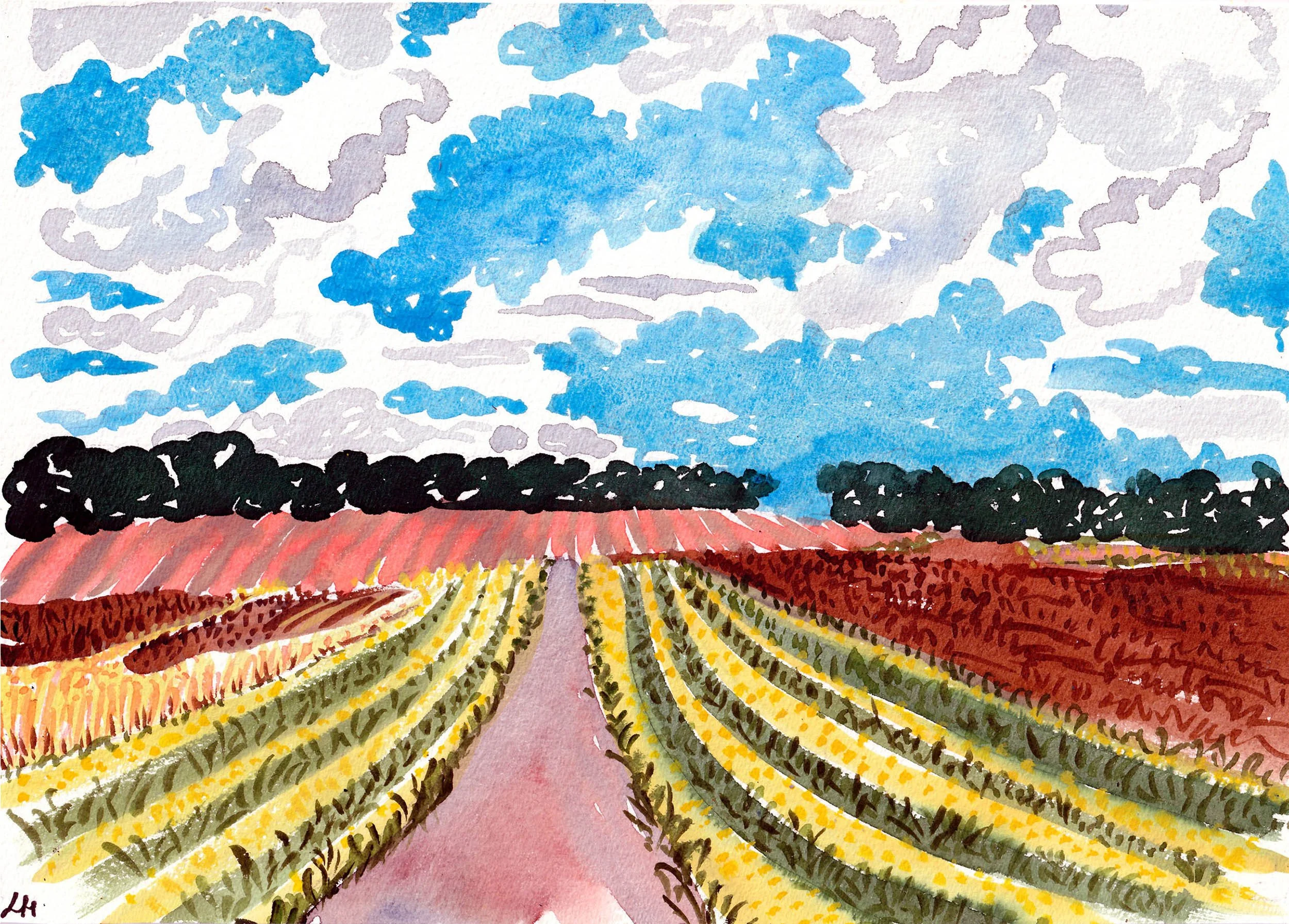 A watercolor painting depicting a field with rows of yellow and red crops under a partly cloudy sky with blue clouds and dark purple smoke or storm clouds. Set in the Yvelines region near Paris.
