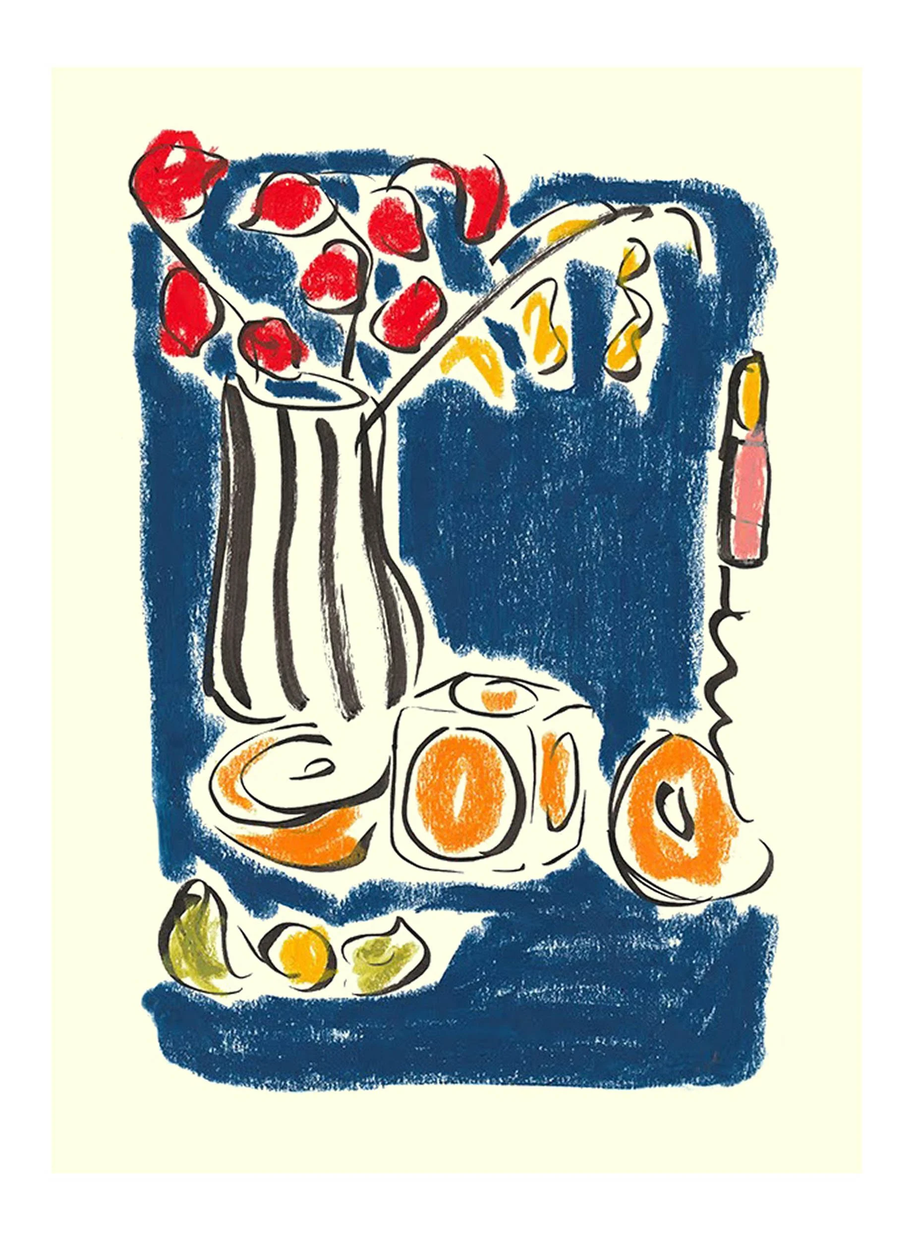 An abstract painting depicting a still life scene with a vase of red flowers, a bowl of oranges, and a candle on a dark blue background, rendered with bold, expressive brushstrokes.
