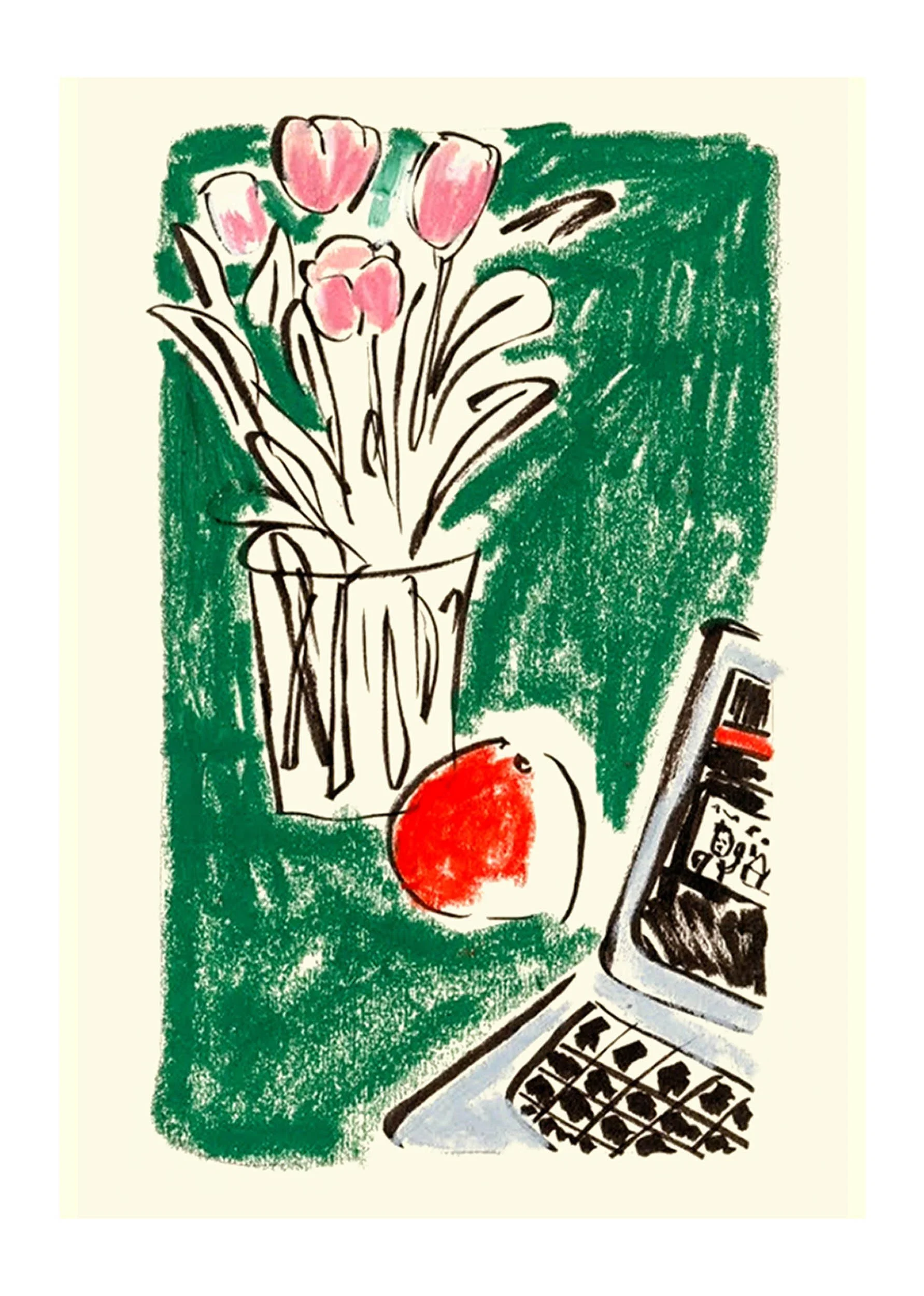 A colorful sketch of a potted plant with pink tulips on a green background, alongside a calculator and a smartphone.