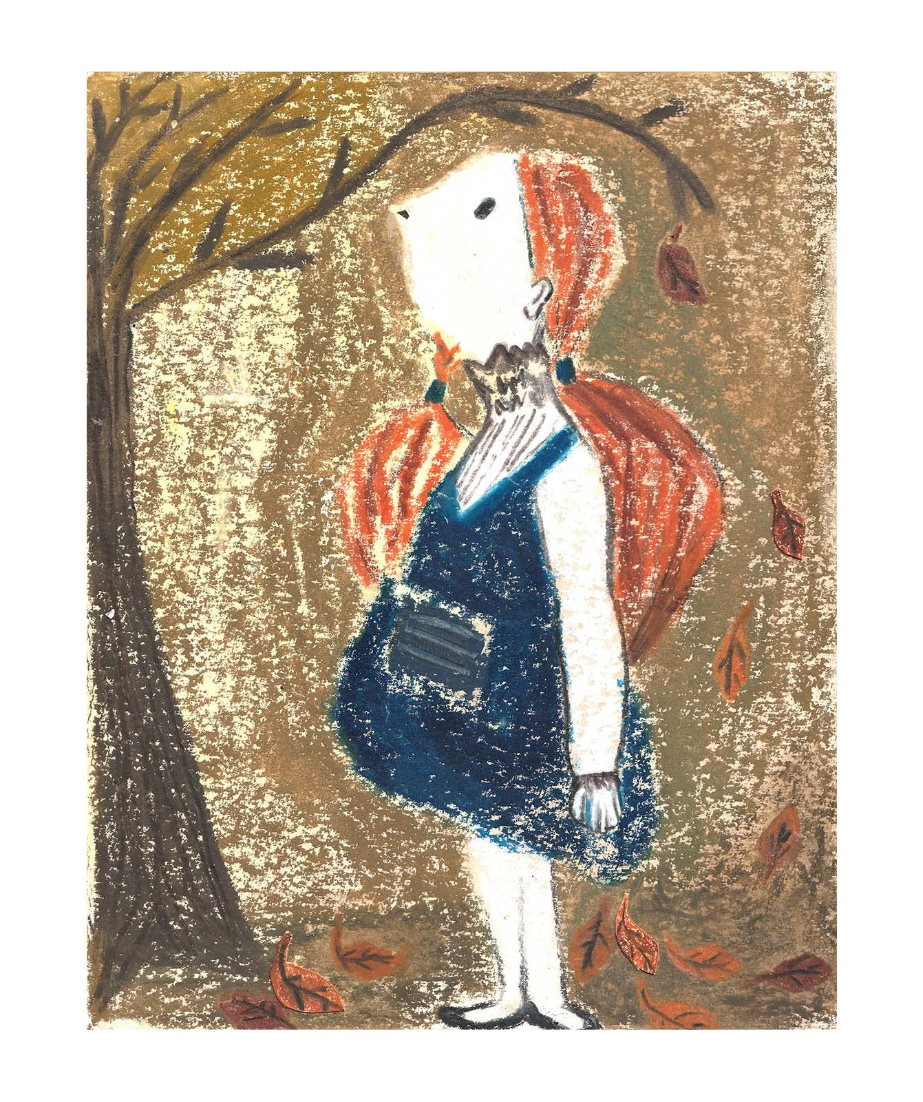 A drawing of a girl with long red hair, dressed in a blue dress with a collar, standing outdoors surrounded by falling autumn leaves and a large tree on the left.