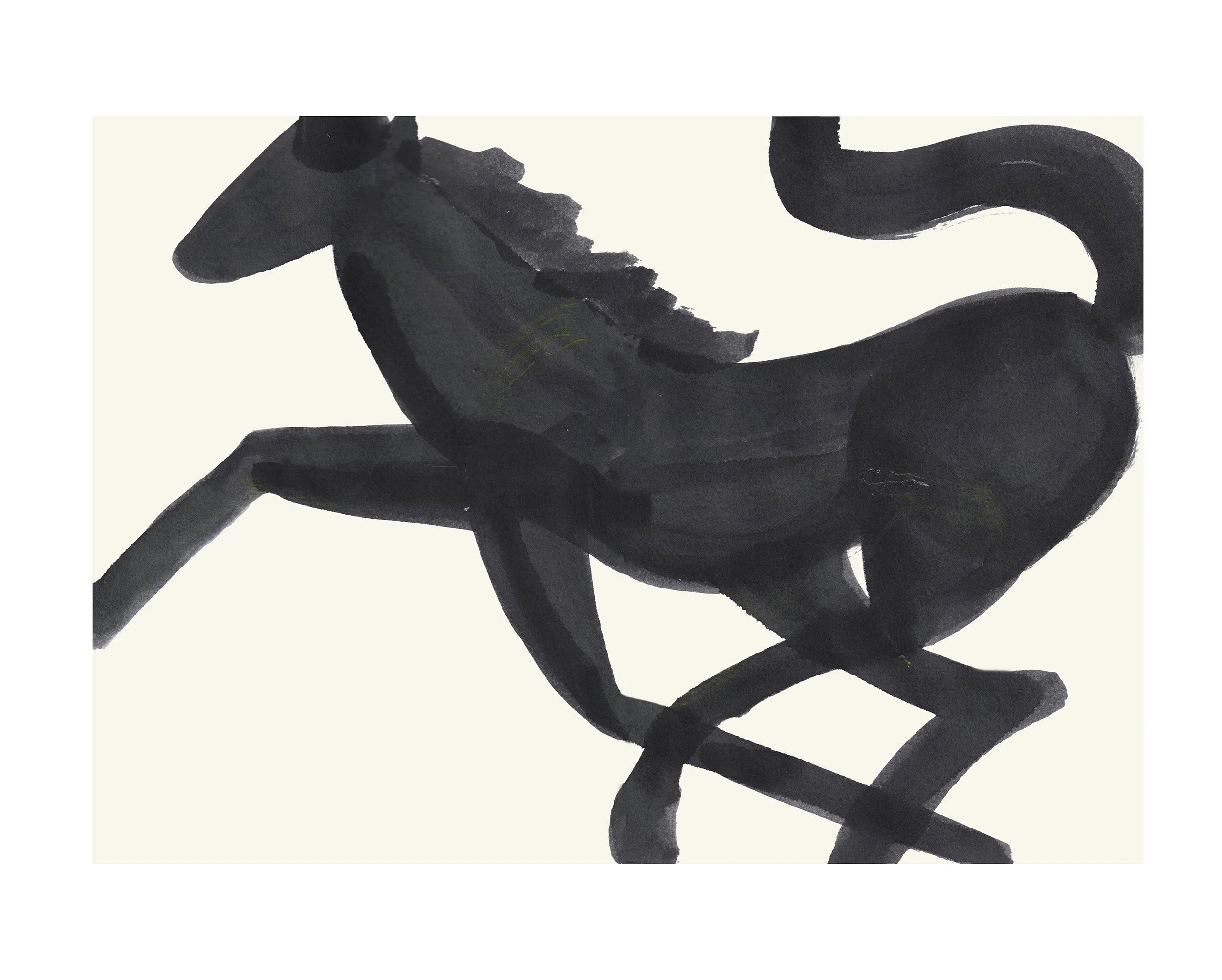 Black  abstract inkhorse done with  brush strokes on a white background.