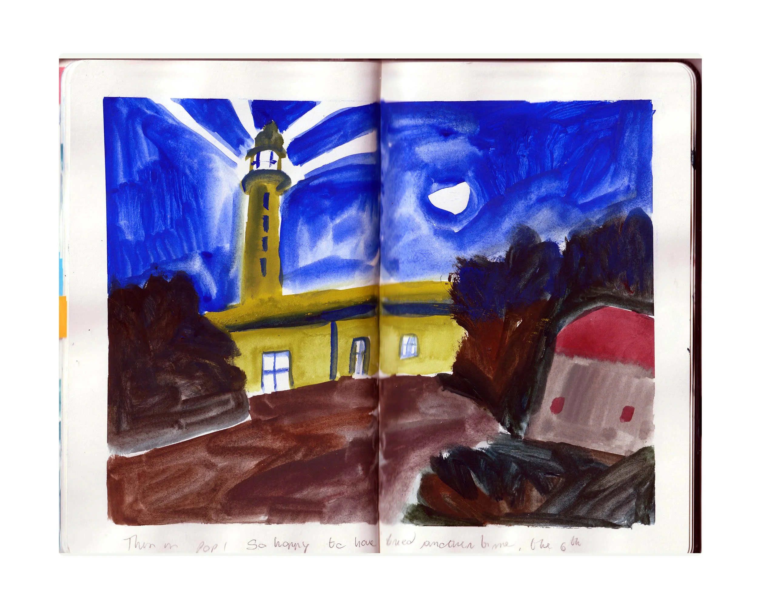 A watercolor painting depicting a lighthouse with a glowing top, set against a dark, swirling sky with shades of blue and black.