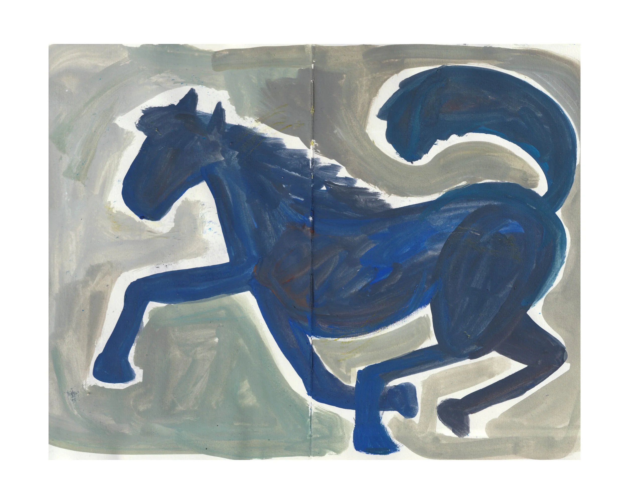 Abstract painting  of an horse with broad blue strokes on a neutral background on sketchbook pages.