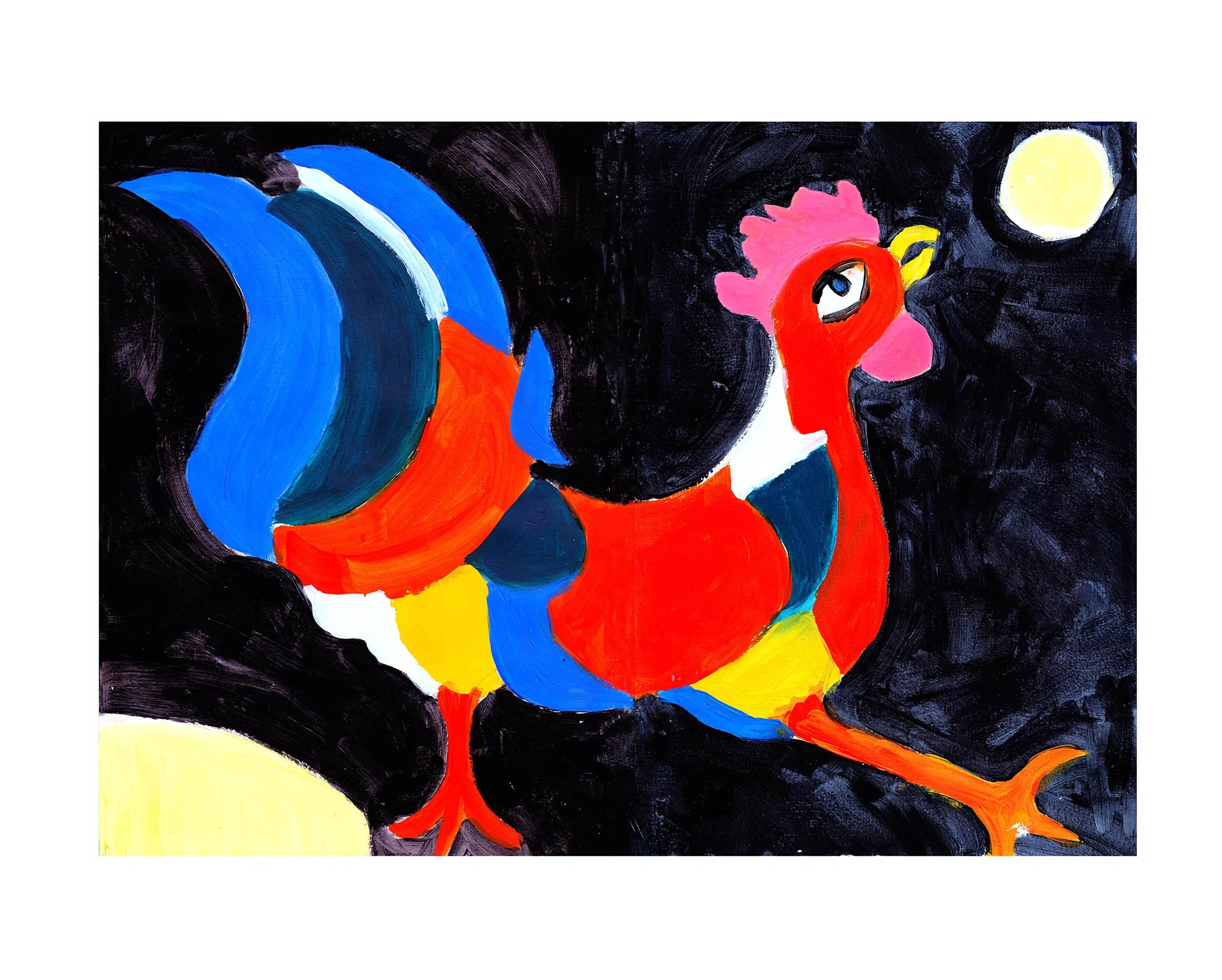 Colorful abstract painting of a rooster with a black background and a bright moon in the sky.