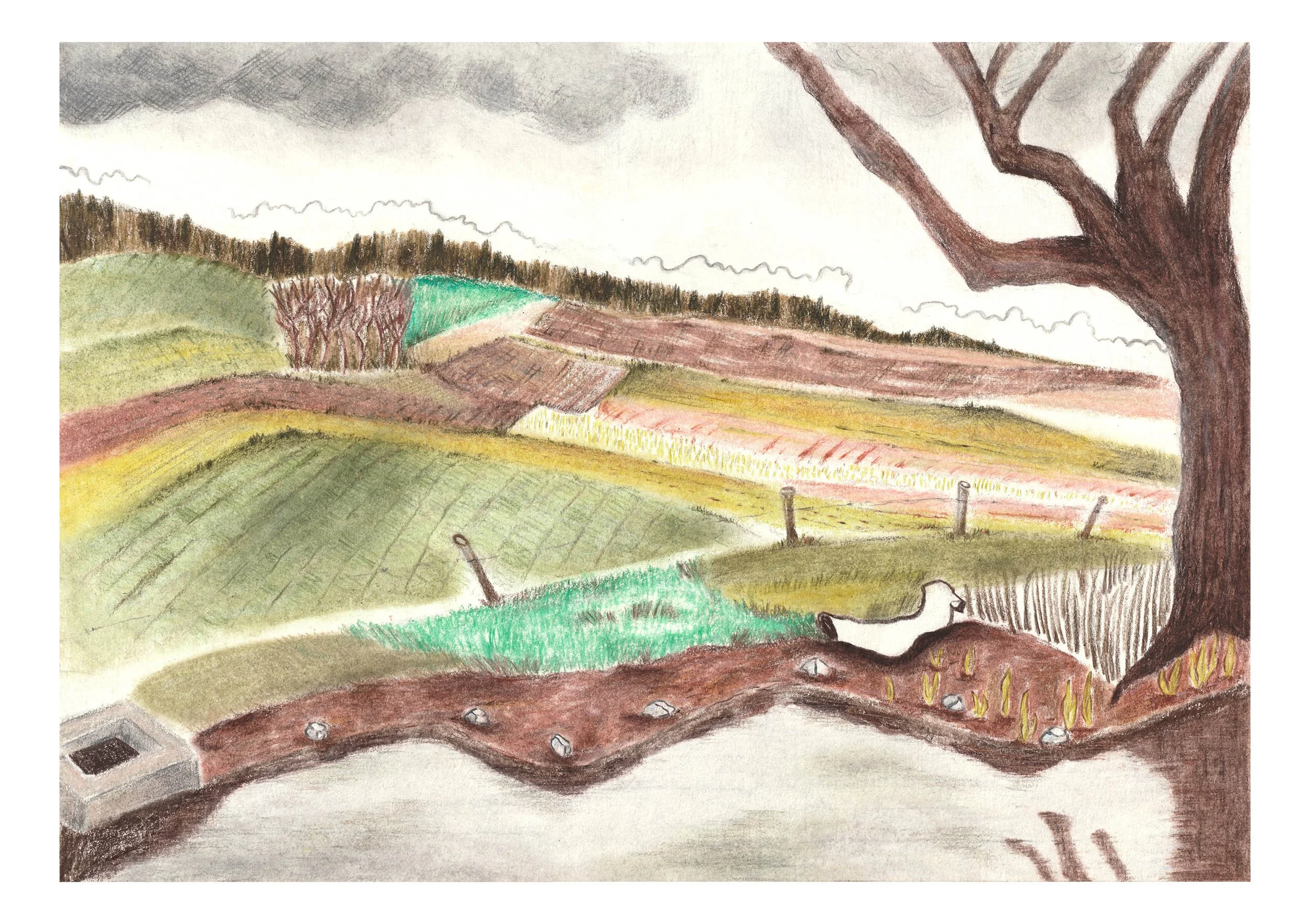 A landscape drawing of a farm with fields, a large tree, a wood trunk, and overcast sky.