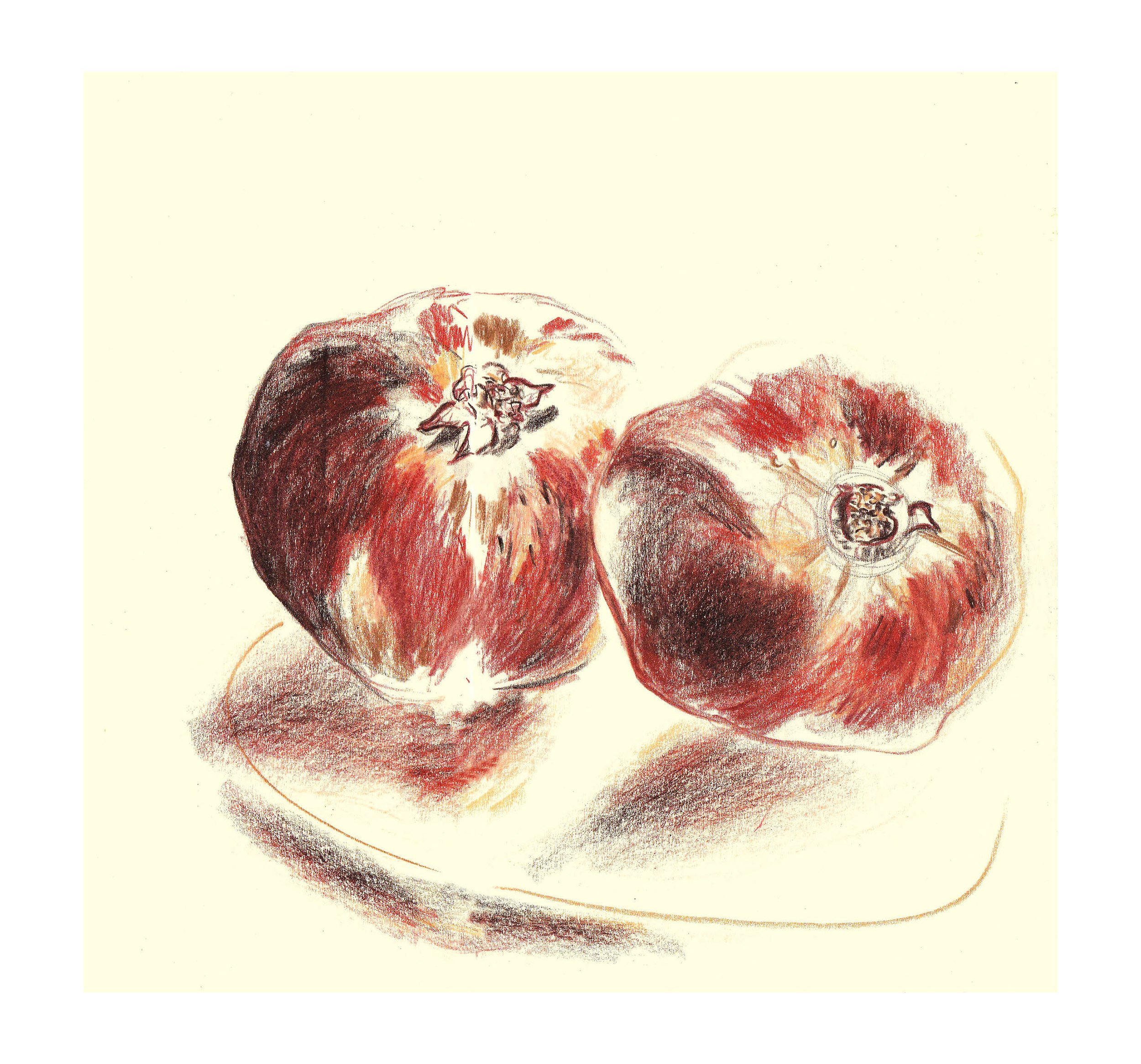 Abstract watercolor painting of pommegrenates with red, brown, and black strokes on a light cream background.
