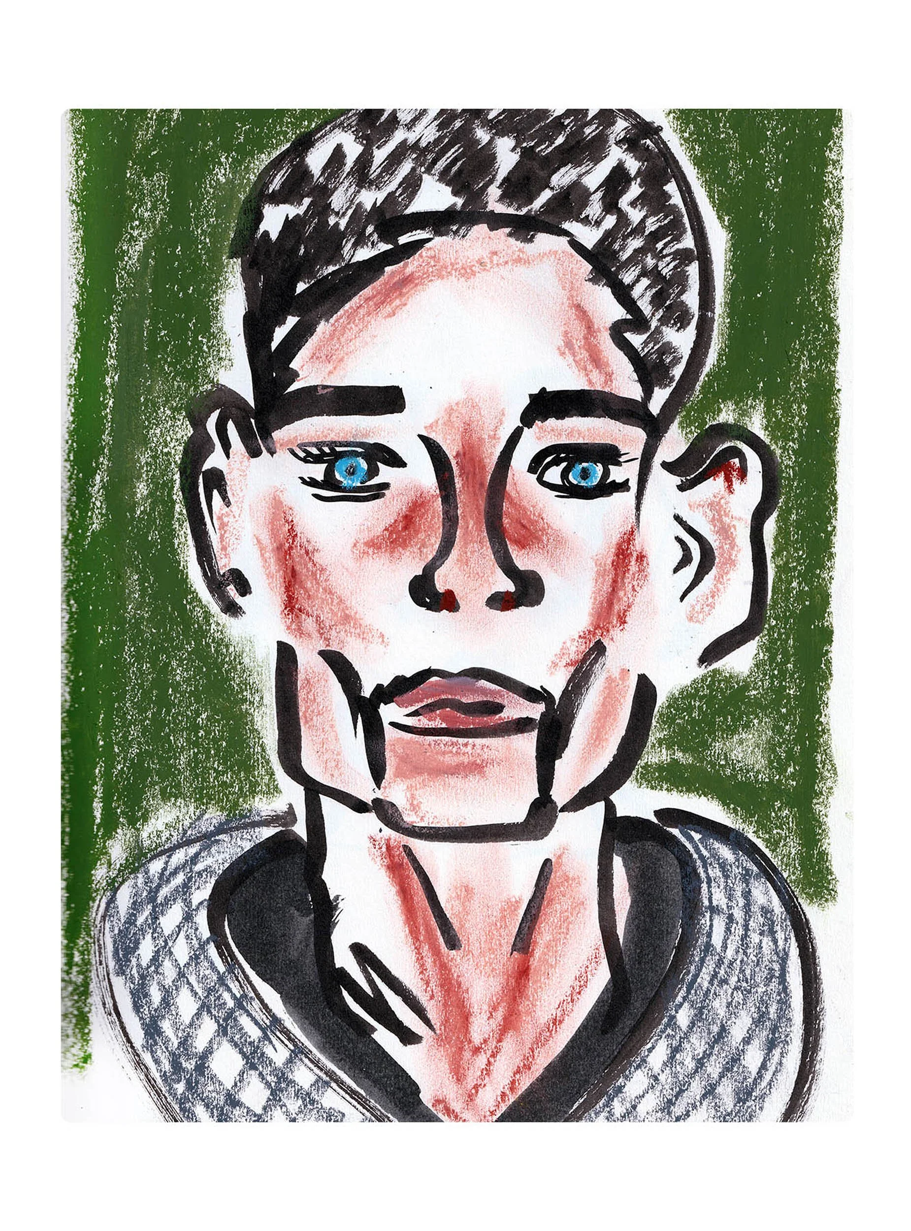A colorful abstract portrait of a man with blue eyes, red lips, and dark short hair, set against a green background. Ink and oil pastels on paper.