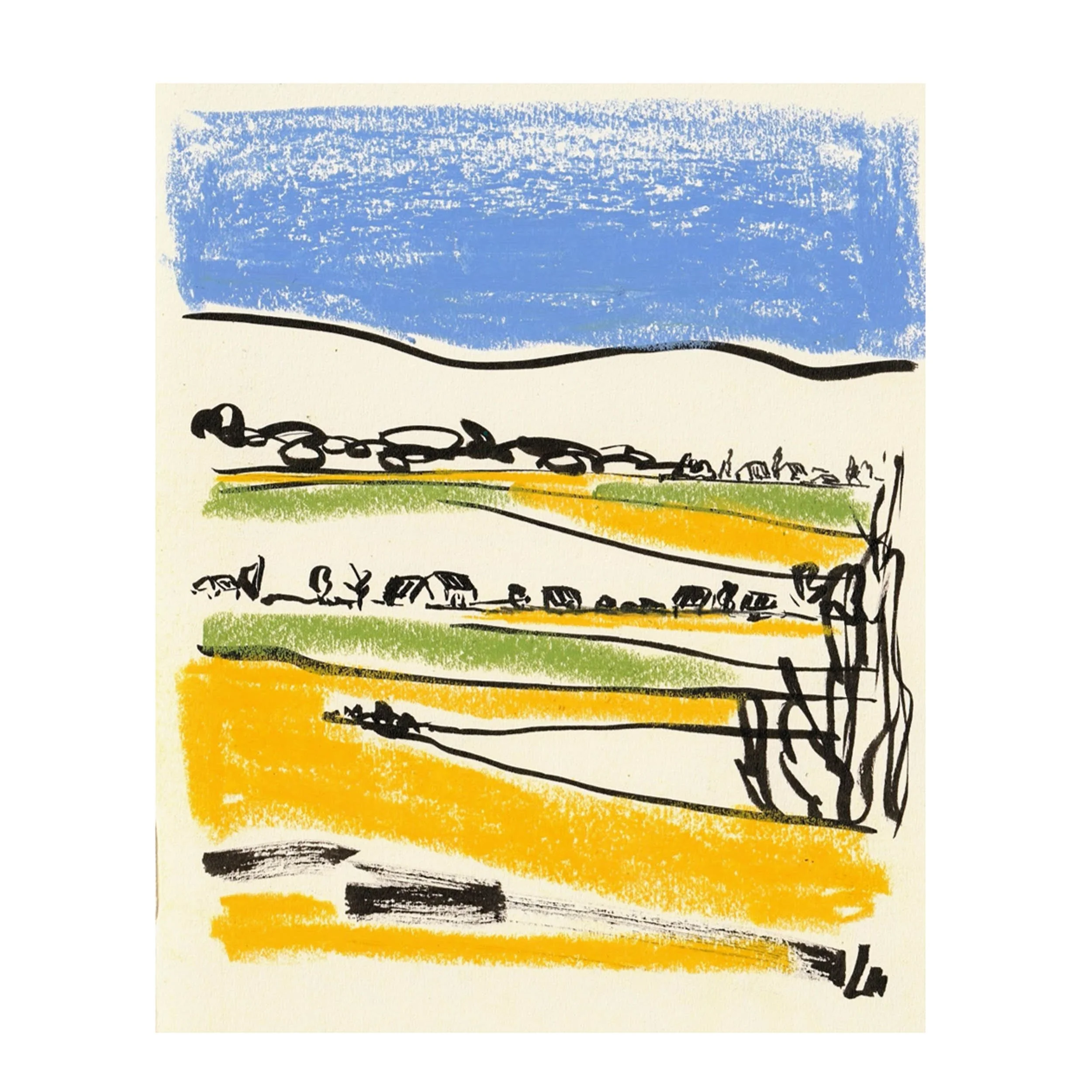 An abstract painting featuring broad horizontal brushstrokes in blue, green, yellow, and black ink, with some black curved lines at the bottom. Saint Martin des Champs in the Yvelines region near Paris.