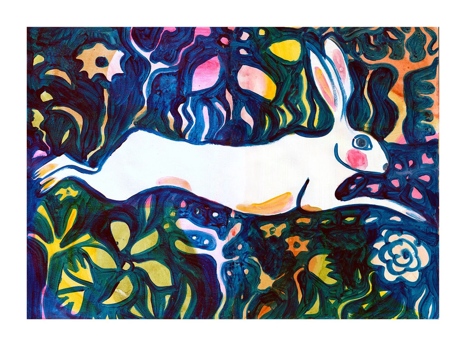 Abstract illustration of a white rabbit surrounded by dark blue and green leafy patterns with pink and yellow accents.