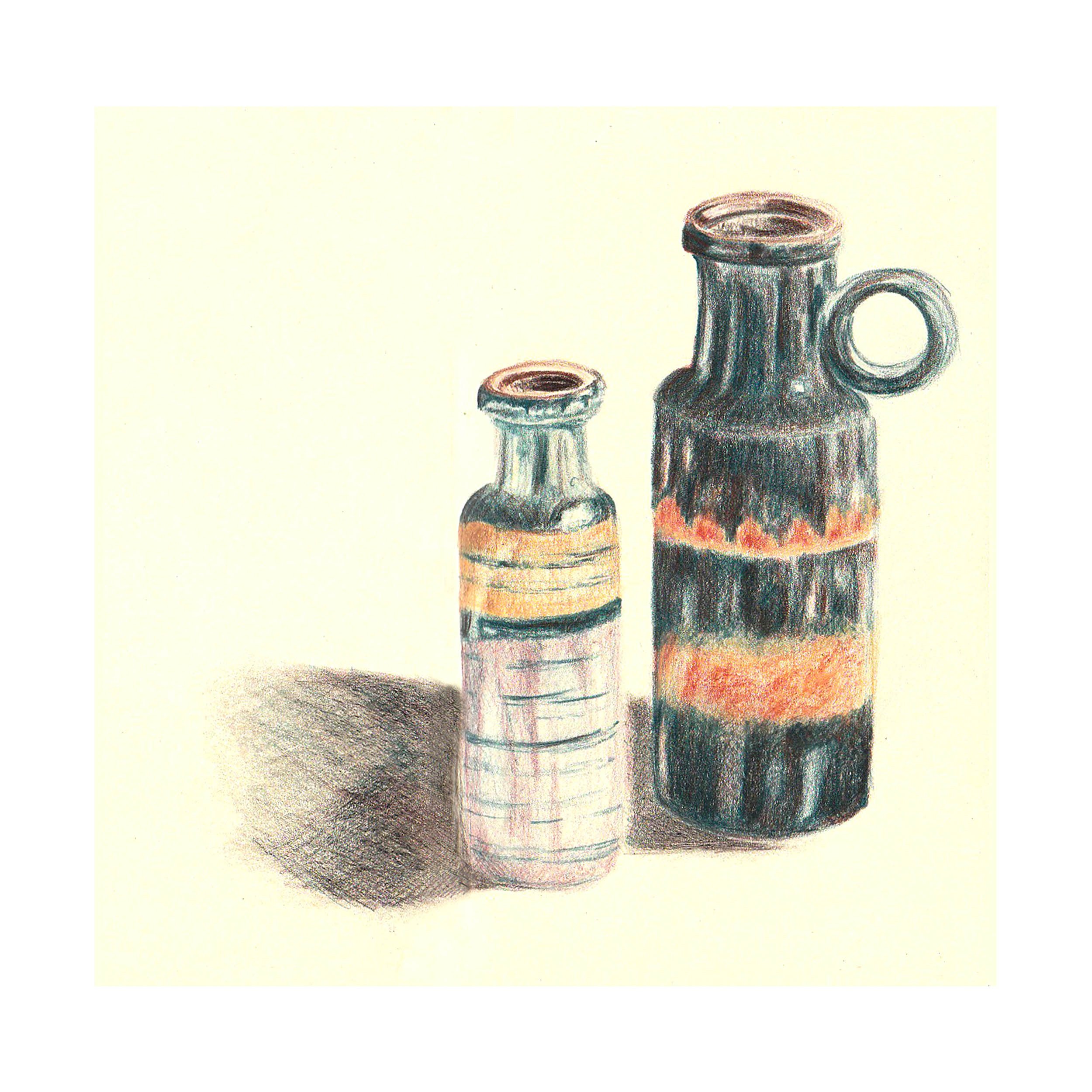 Colored pencil drawing of three ceramic vases of varying sizes with striped patterns, placed on a flat surface.