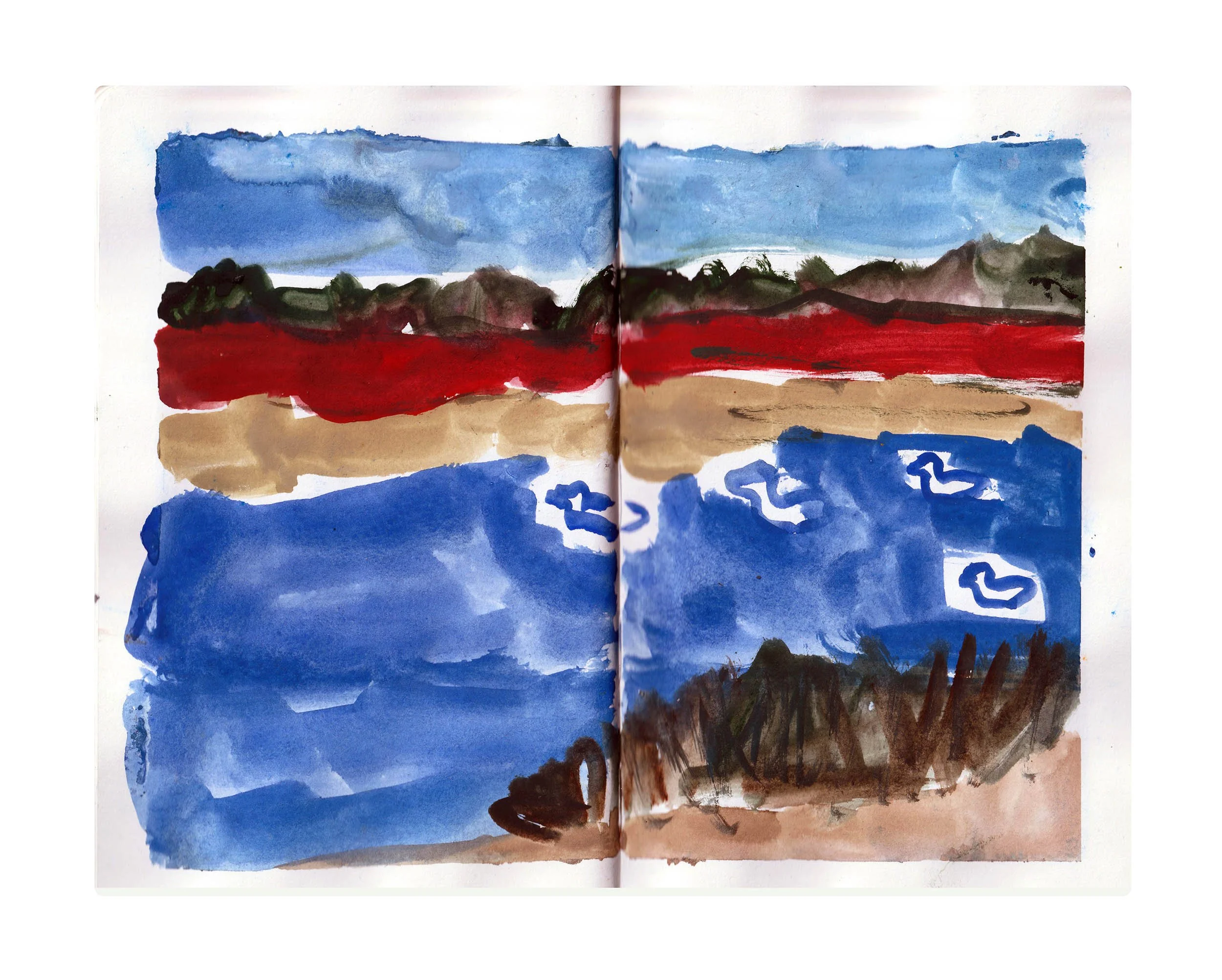 A gouache painting of a landscape with a blue sky, distant mountains, and a red and brown foreground, created with broad brushstrokes on an open sketchbook. At the Ré Island, Lilleau des Niges, île de Ré, in France.