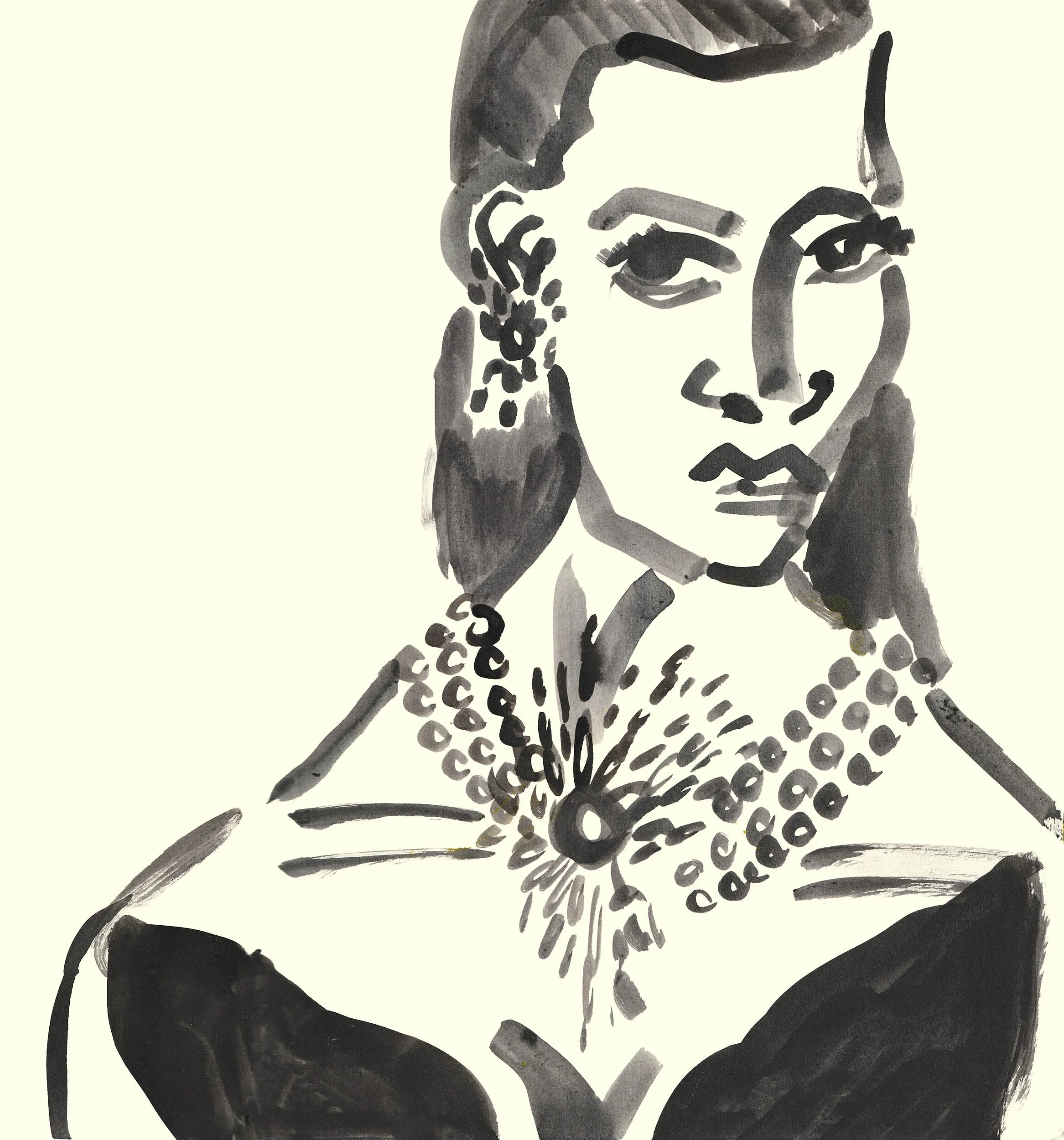 A black and white ink painting of a woman with luxury jewels and a regal expression on her face.