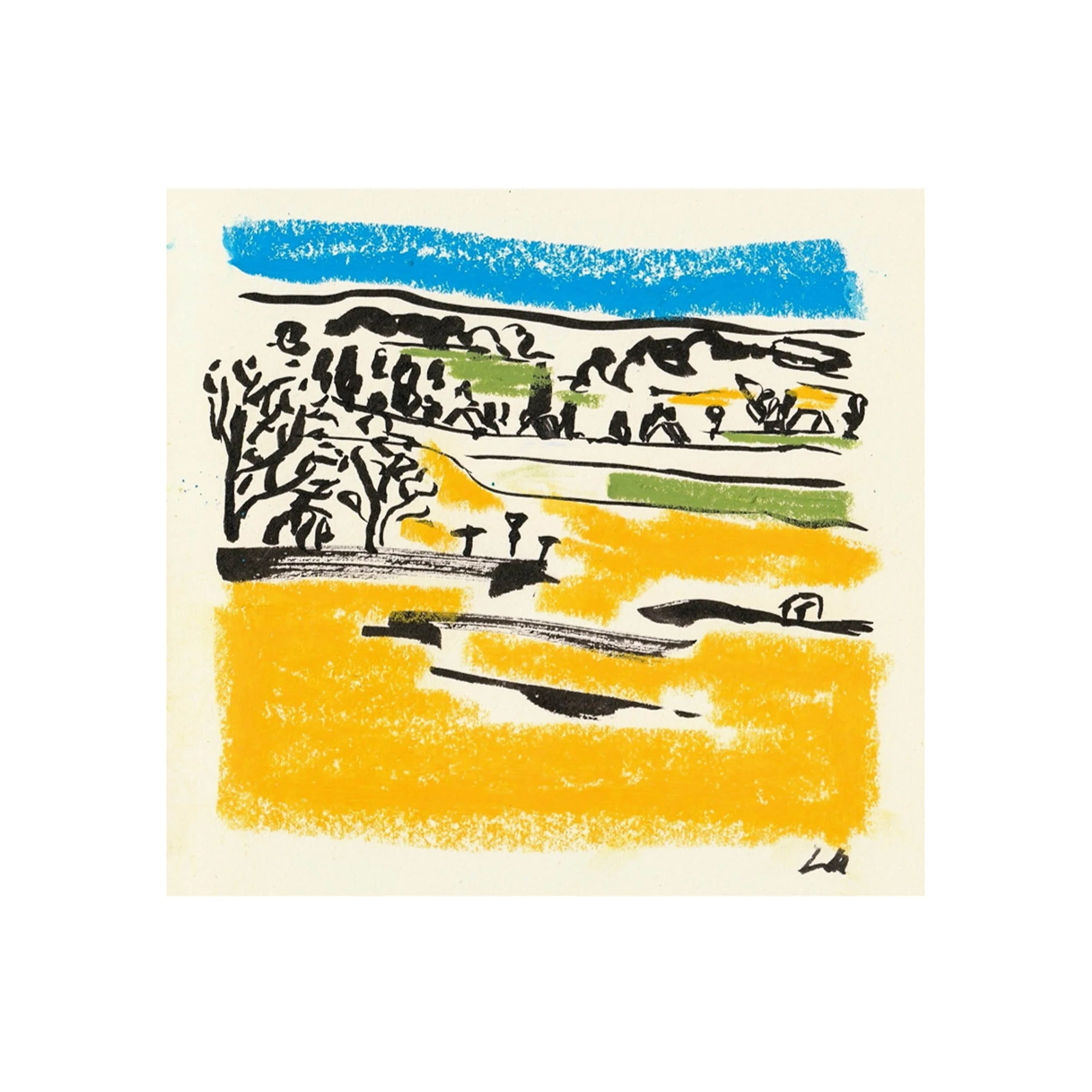 Abstract colorful artwork with bold black lines forming a landscape scene, blue sky, green grass, and yellow ground, created with expressive brushstrokes. Saint Martin des Champs in the Yvelines region near Paris.