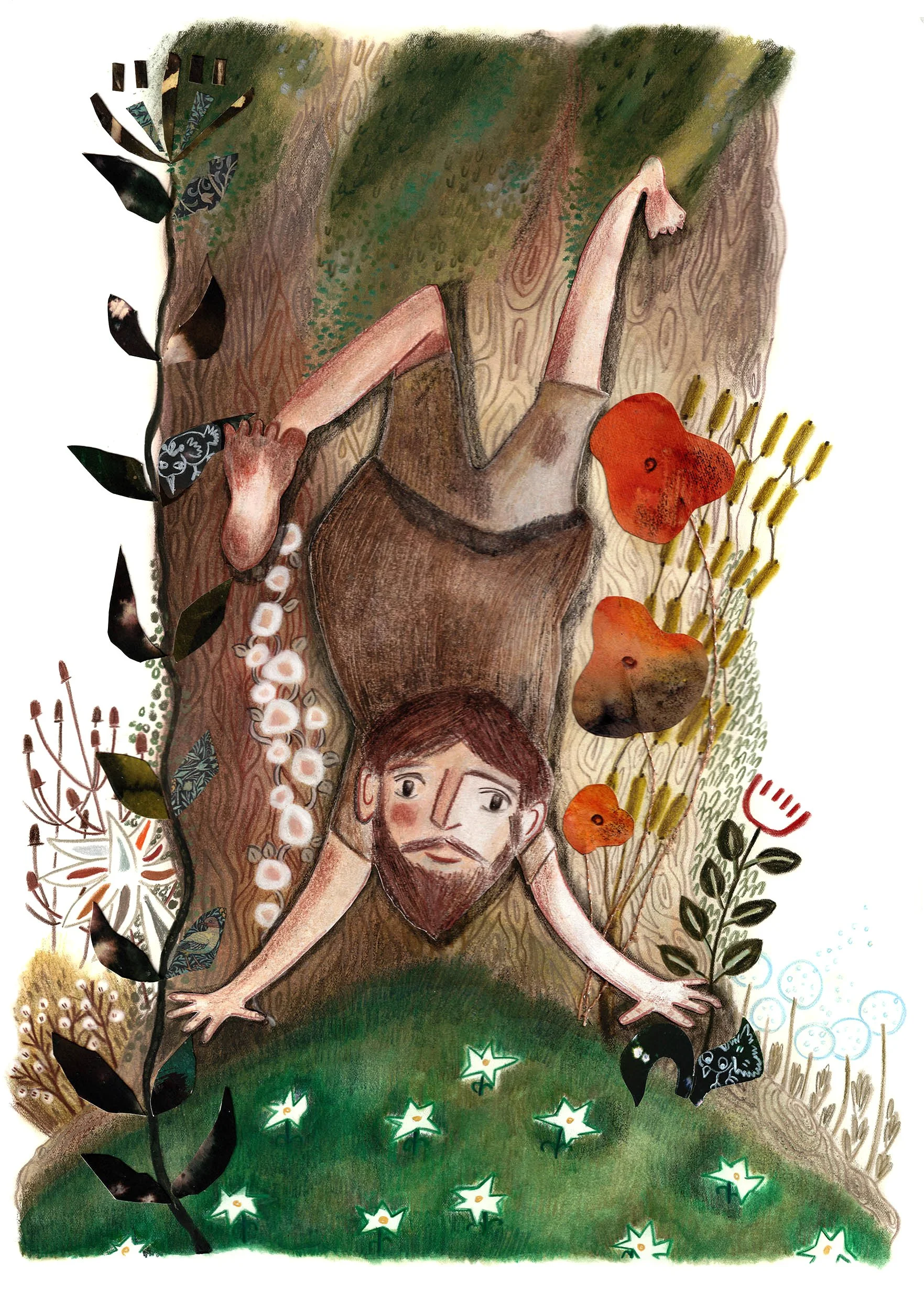 An artistic illustration featuring a tree with a person's face and limbs integrated into the trunk. The tree is surrounded by various plants, flowers, and decorative elements, creating a whimsical scene.