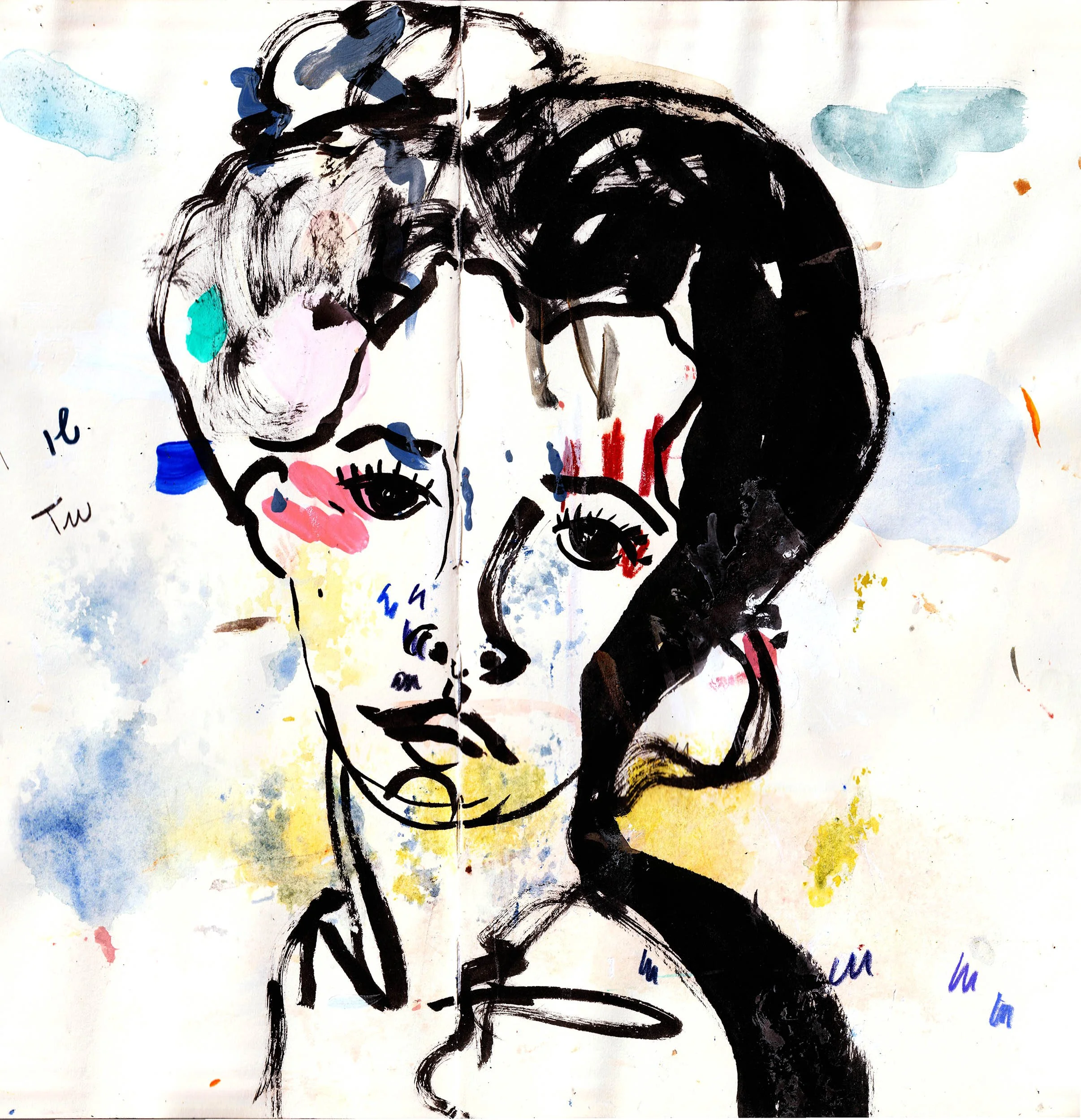 A mixed media artwork featuring a face with exaggerated features, including large eyes and lips, created with bold black brushstrokes and colorful splashes of paint on paper.