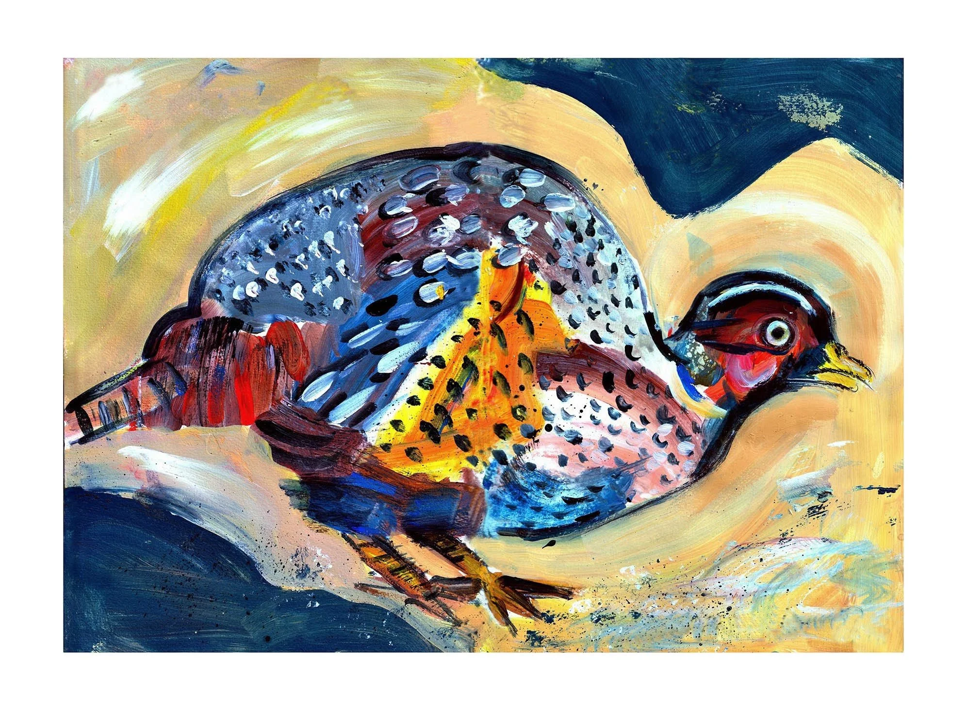 Abstract painting of a bird, with colorful feathers and a long beak, set against a background of yellow, peach, and blue tones.