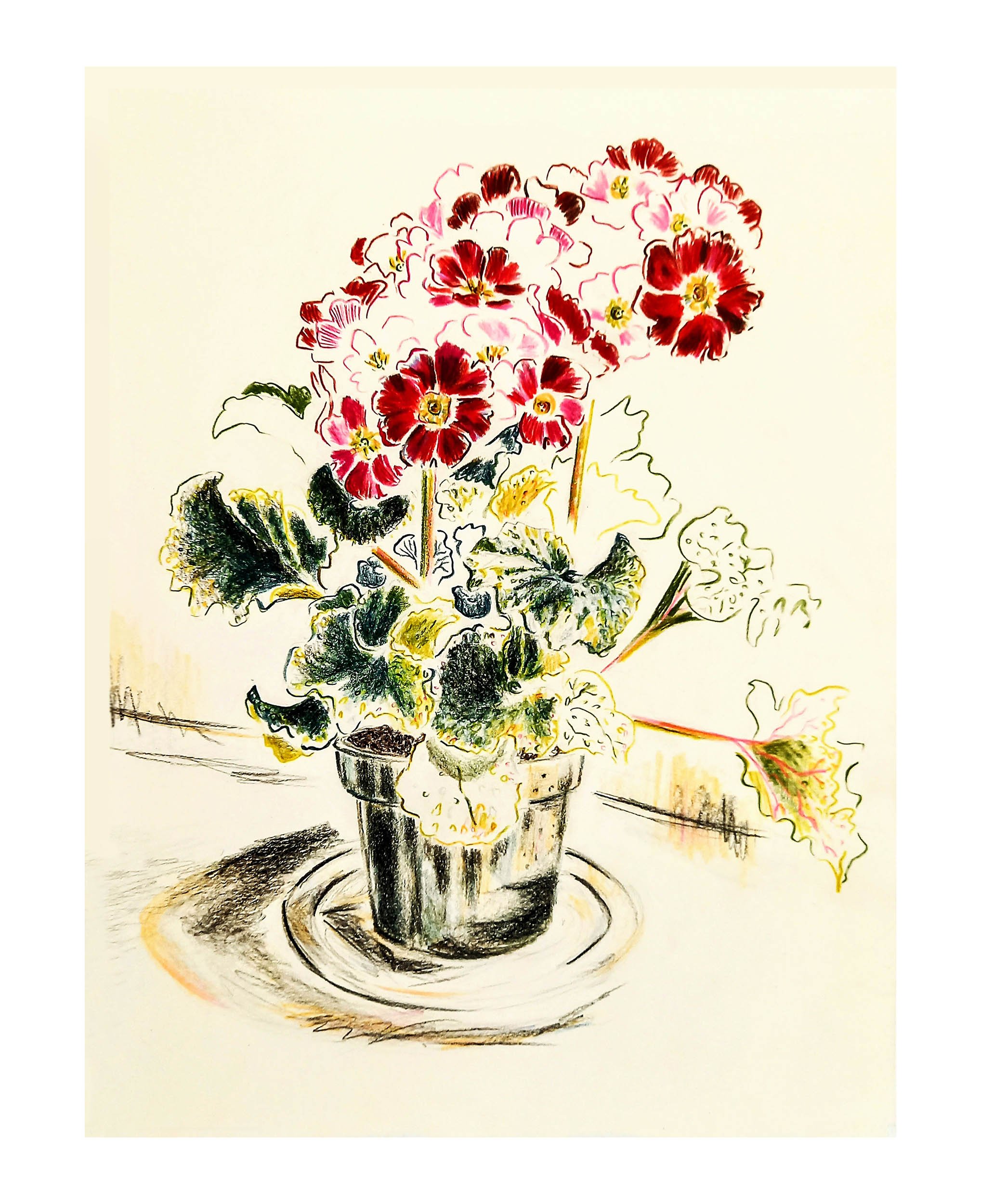 A watercolor painting of a potted plant with pink and red flowers and green and yellow leaves on a table.