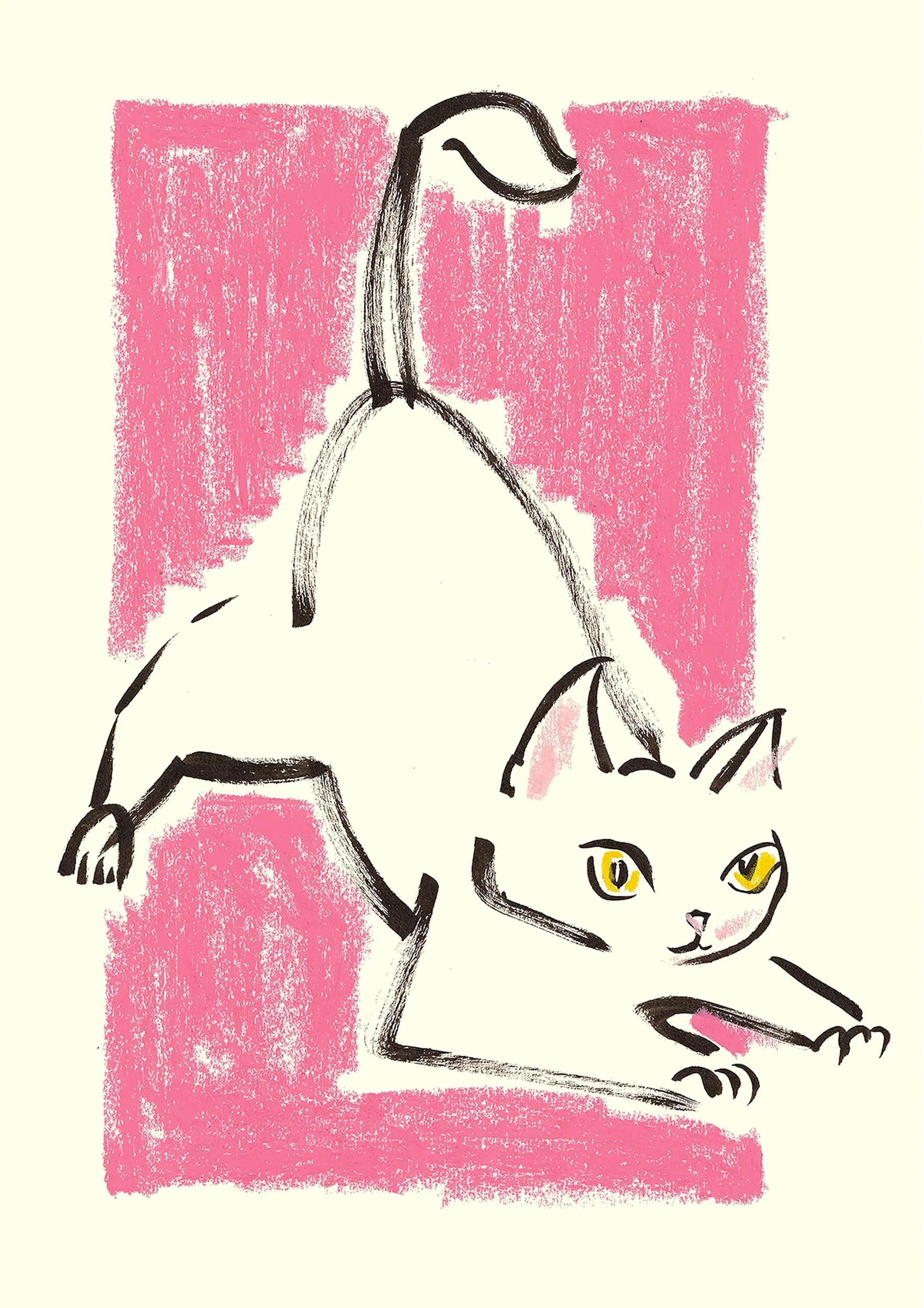 A simple drawing of a cat with black ink outlines and yellow eyes, sitting on a pink textured background, with a pink square behind and a pink patch on its tail.