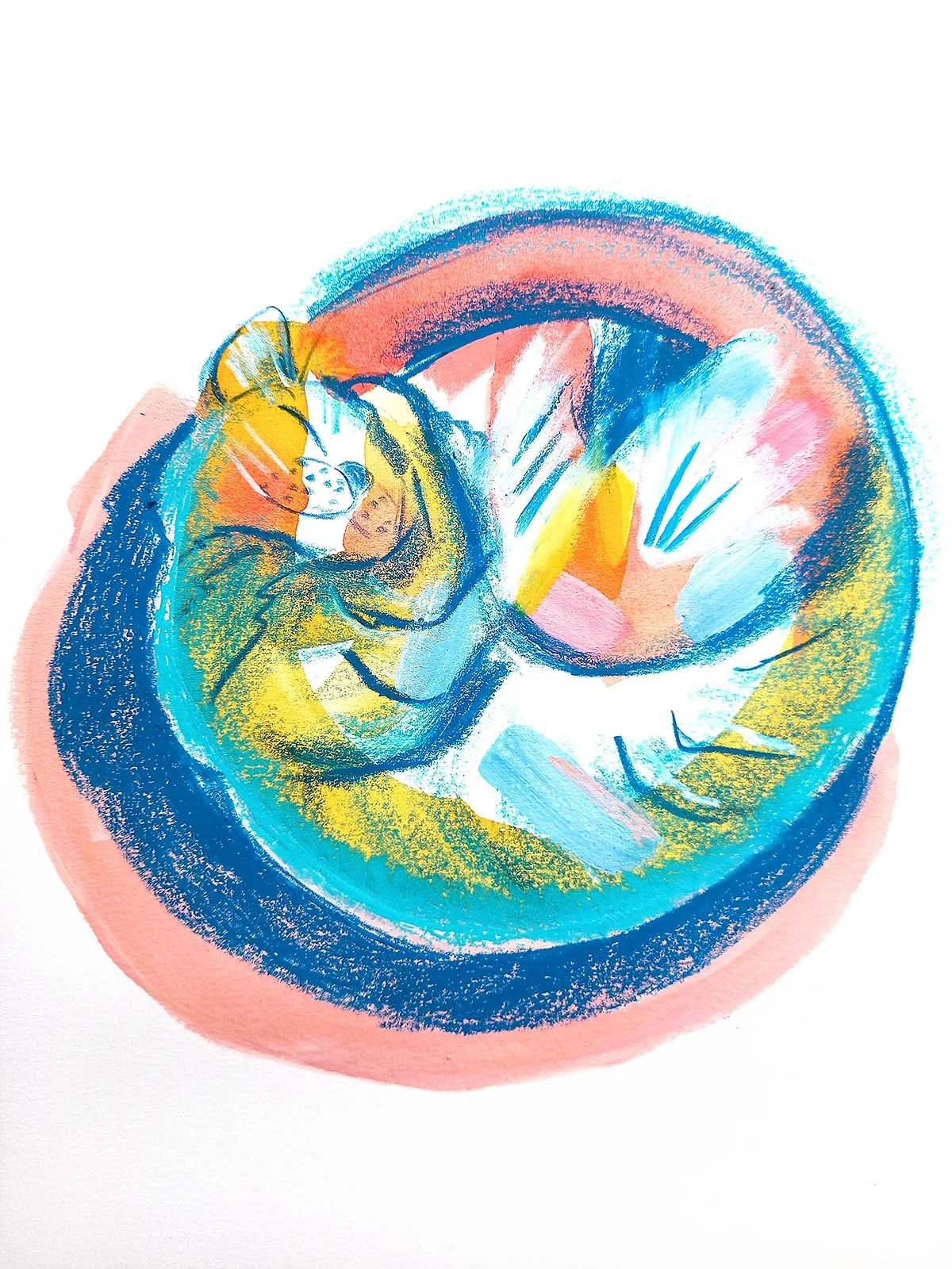 Abstract watercolor painting of a curled-up cat, with bold strokes of blue, pink, yellow, and orange colors.