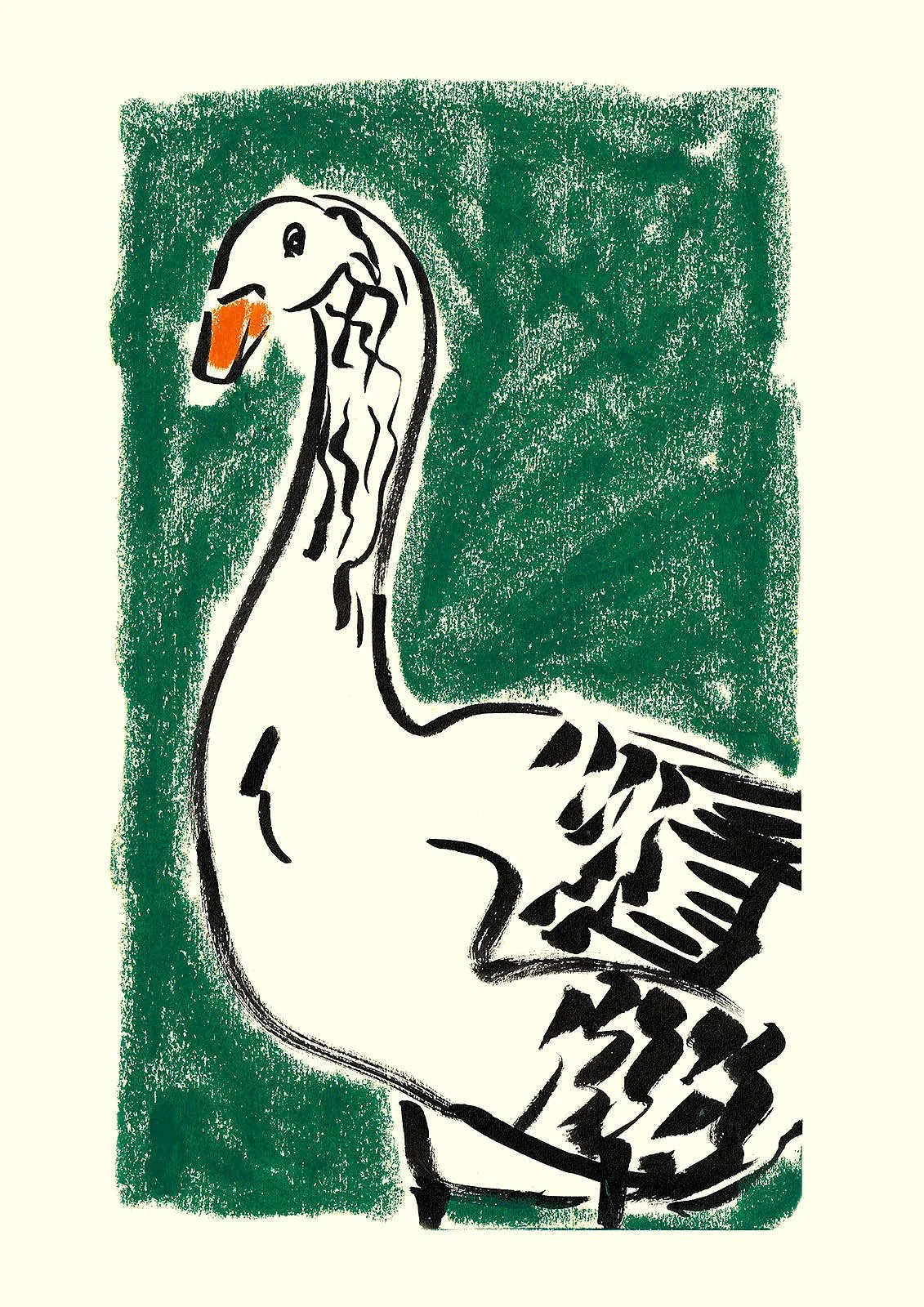 Abstract drawing of a goose with a textured green background