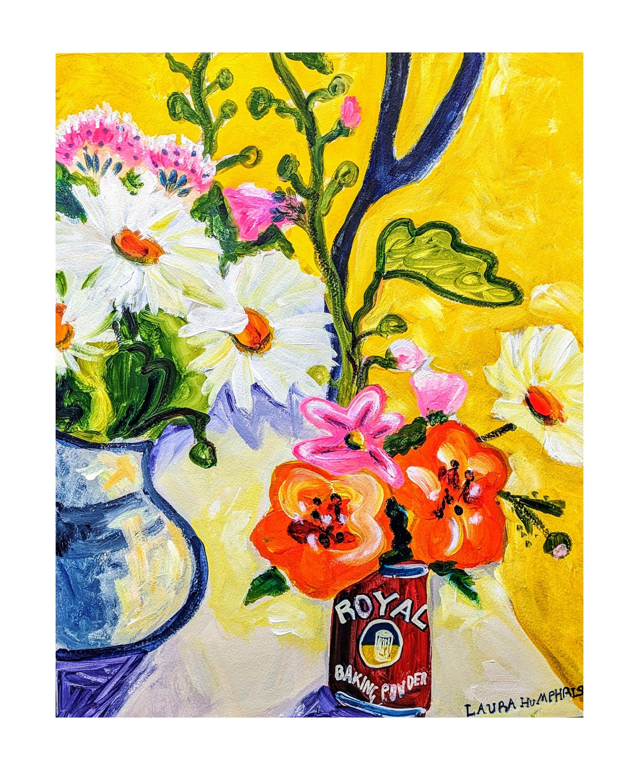 Close-up of a colorful floral painting with a yellow background, featuring daisies, pink and orange flowers, green leaves, and a section of a red and white baking powder container labeled "Royal Baking Powder."