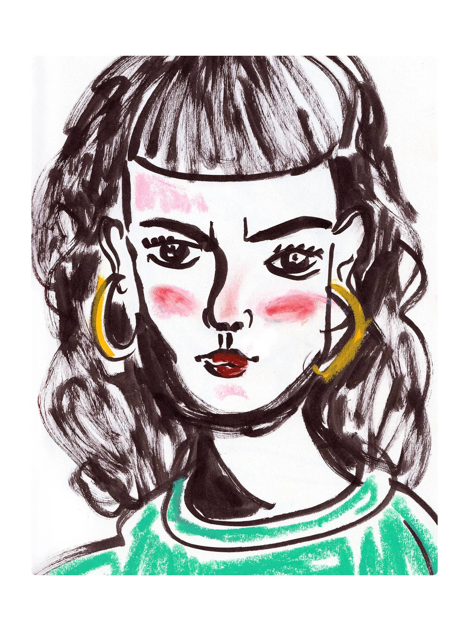 A colorful portrait of a woman with long, dark hair and big hoop earrings, wearing a green top.