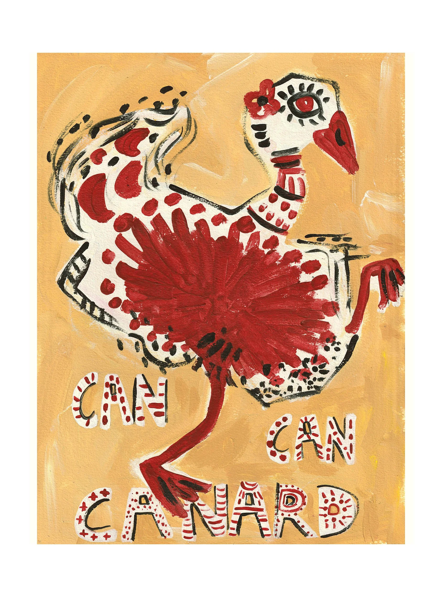 Abstract illustration of a duck with red, black, and white spots and patterns, with the words 'Can, Can, Canard' written in stylized red and white letters on a yellow background.