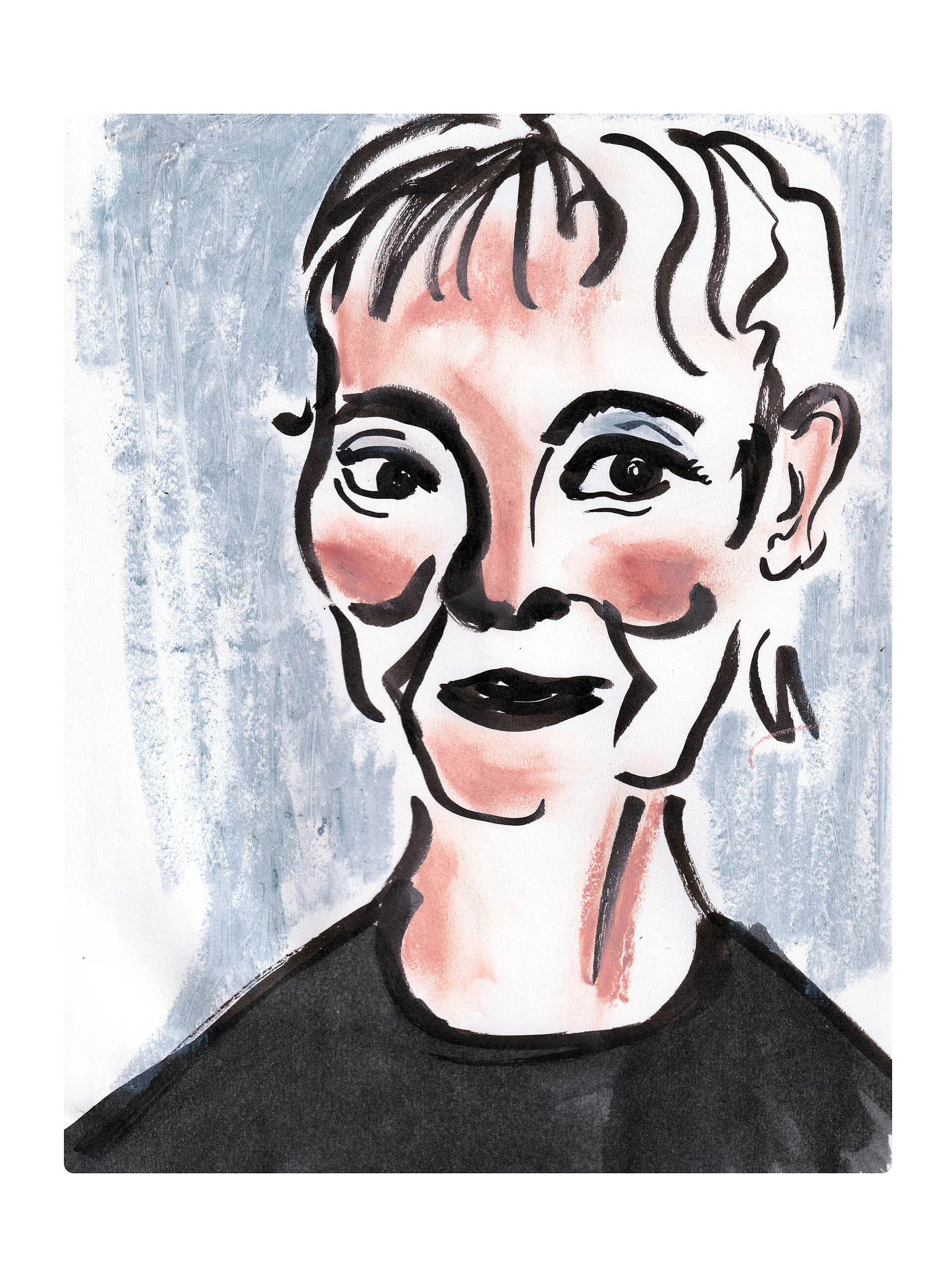 A Ink and oil pastels on paper portrait of a woman with short white hair and large eyes, wearing a black top, against a light blue background.