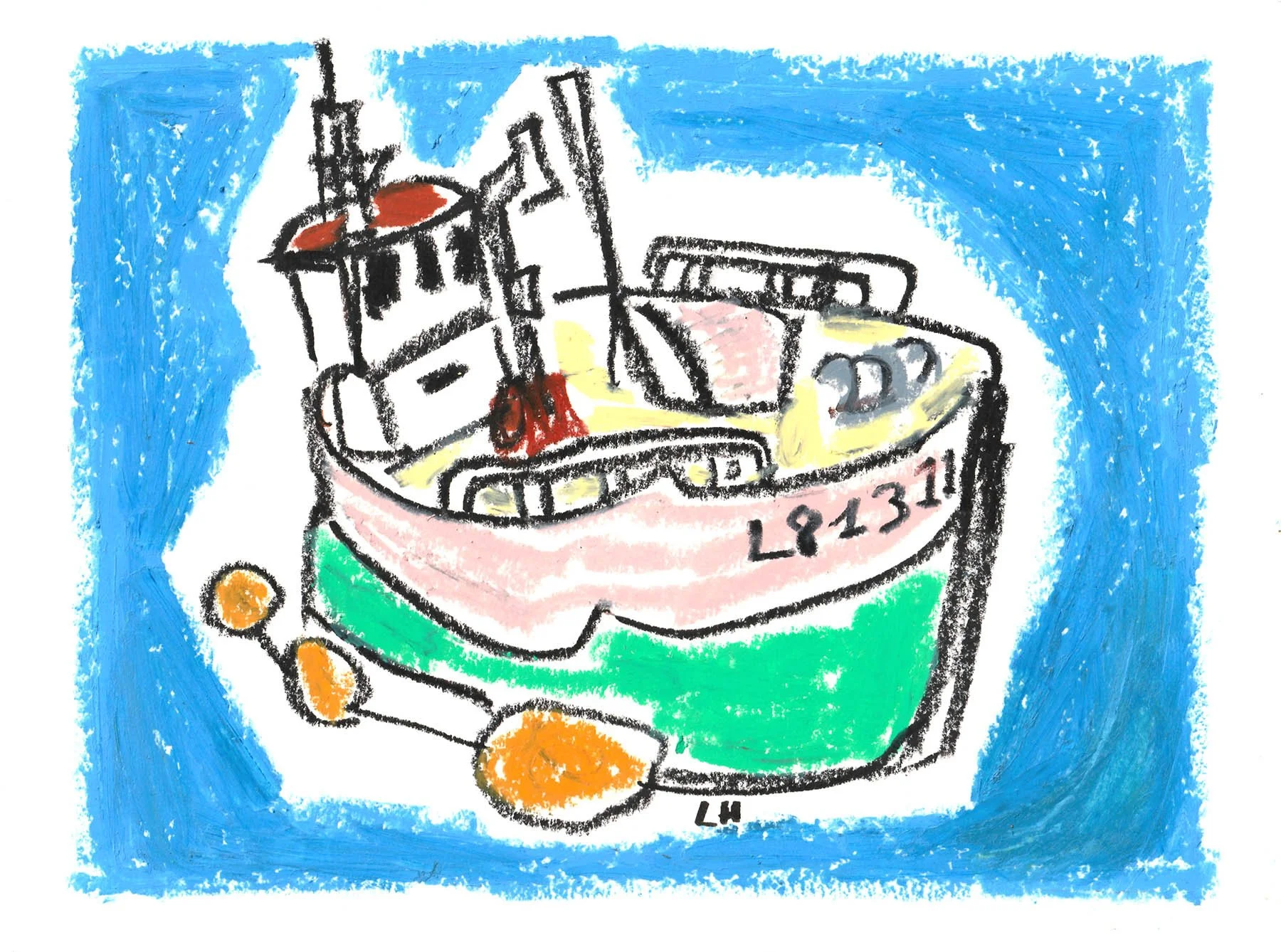 A colorful, child-like drawing of a fisherman's boat with orange wheels, a green and pink body, and a white cab with black outlines. The background is painted blue, and there are yellow and red details on the truck.