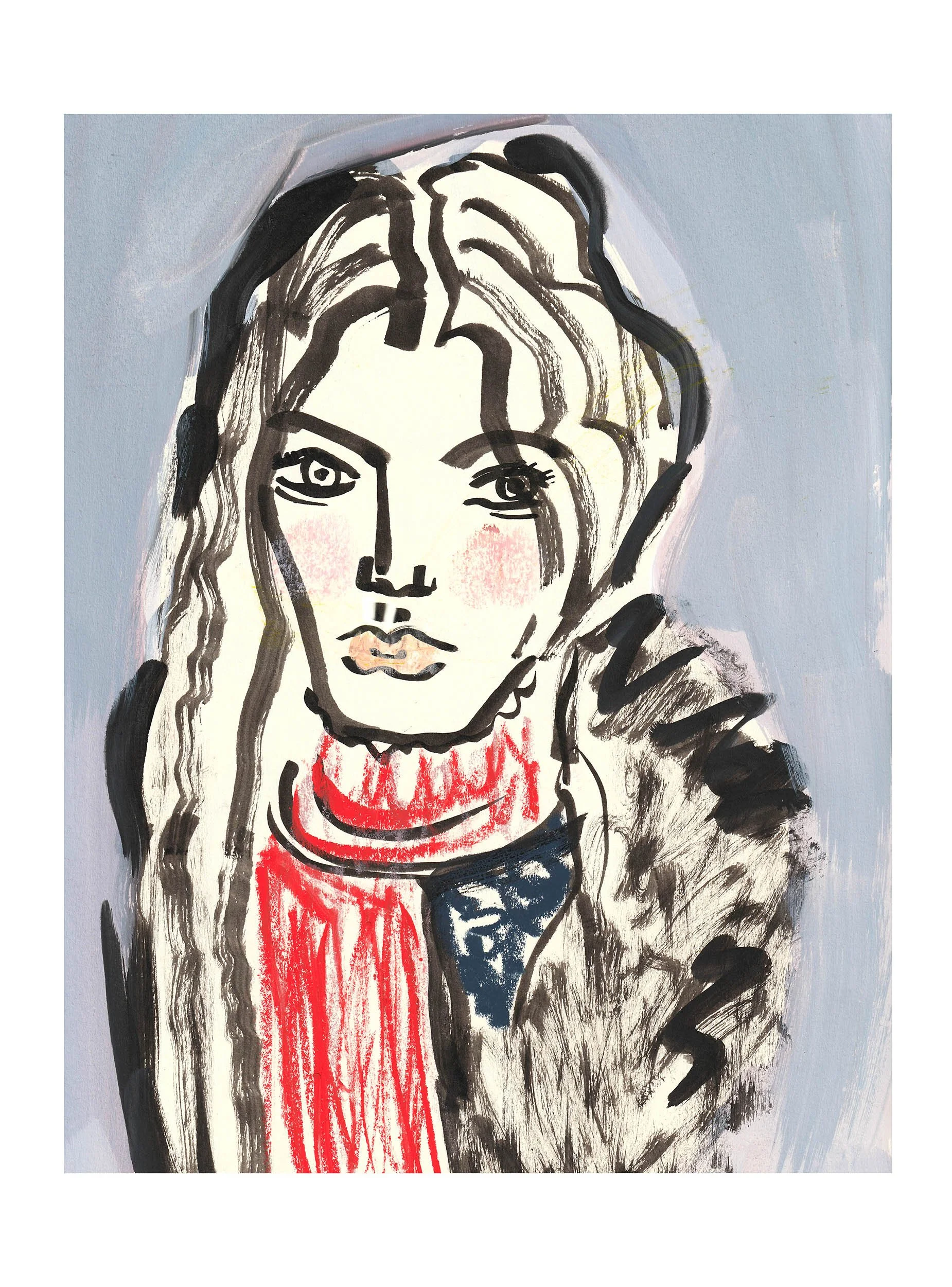 Abstract portrait of a woman with long, wavy hair, expressive eyes, and red lipstick, painted in a loose, expressive style with bold black ink brushstrokes and pastel background.