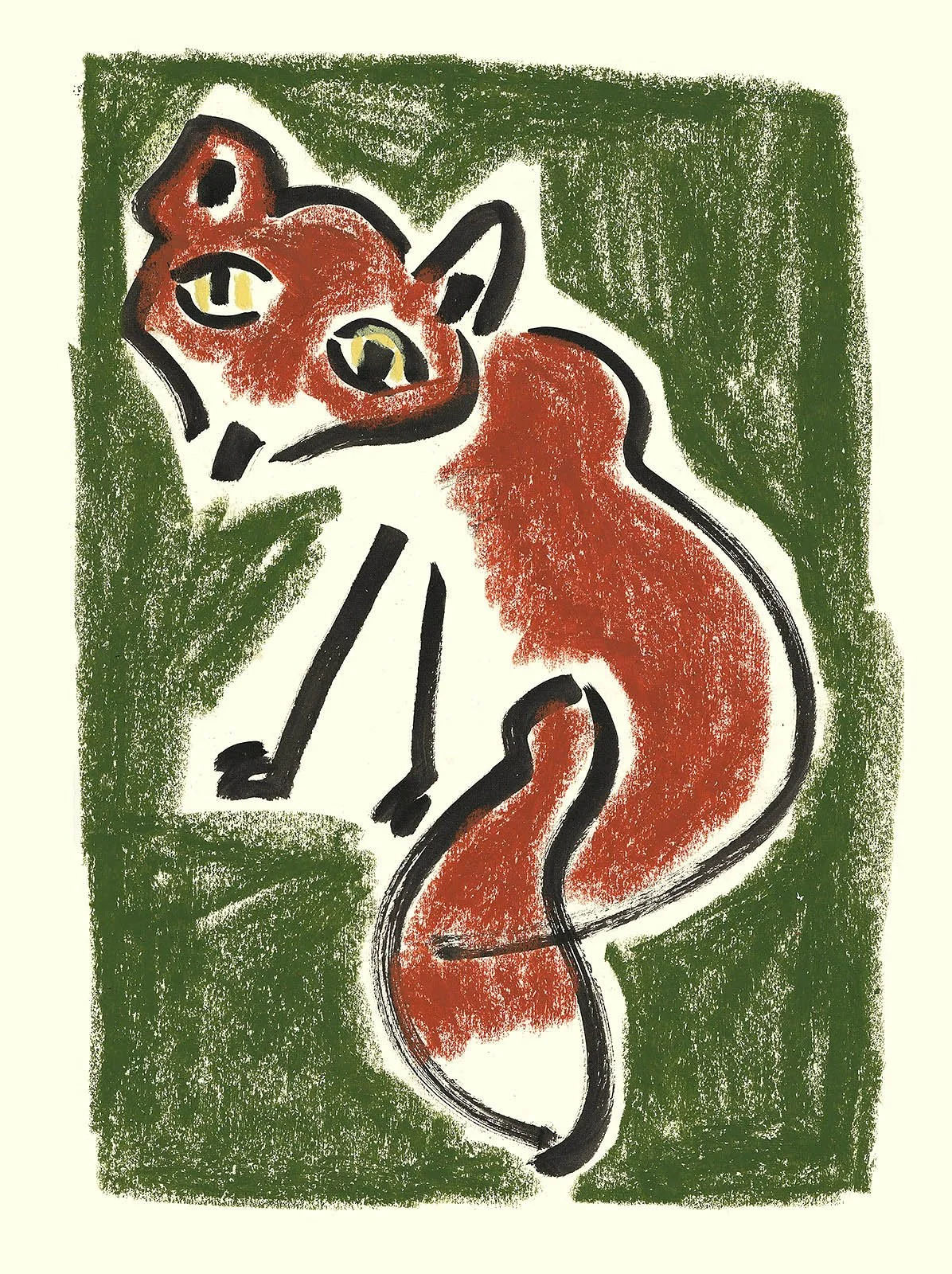 A colorful drawing of a sitting fox with yellow eyes, outlined in black, against a green background.