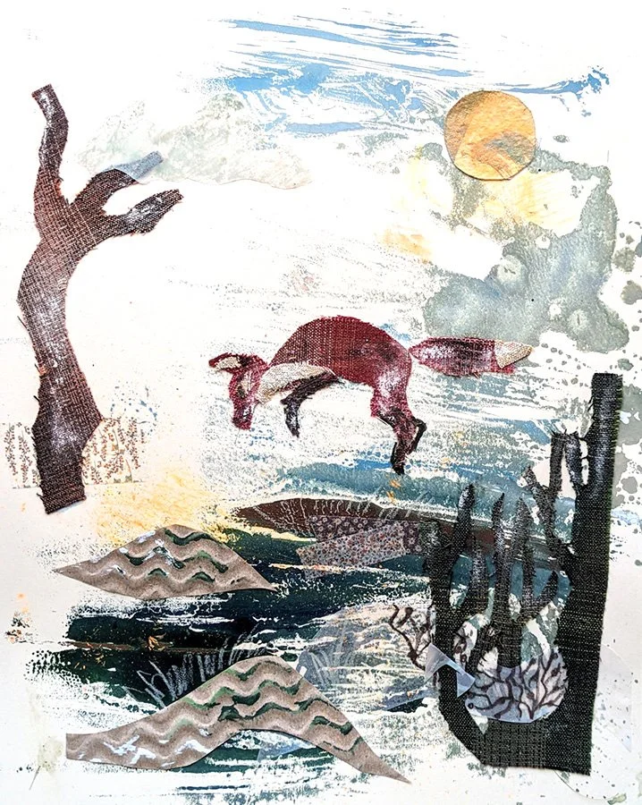 A winter collage whimsical landscape artwork featuring a jumping fox , a leafless tree, rolling hills, and a sun in a watercolor style with textured elements.