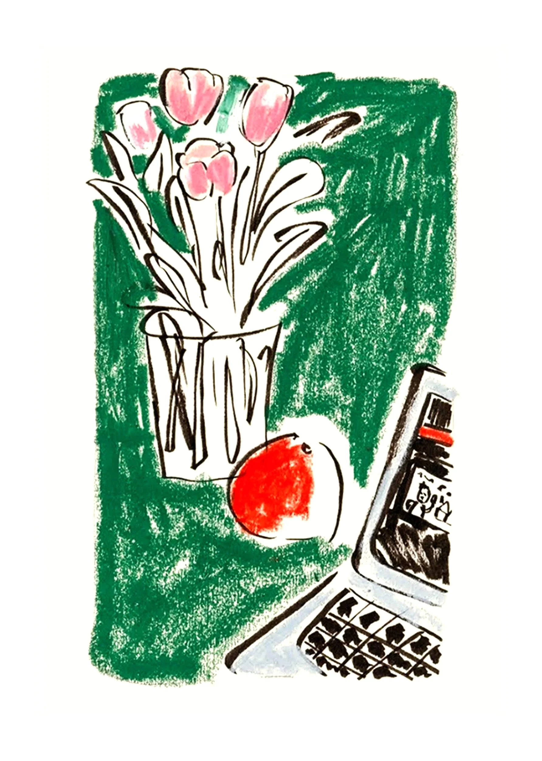 A colorful sketch of a bouquet of pink tulips in a white vase, a red apple, and a partially visible laptop with a keyboard.