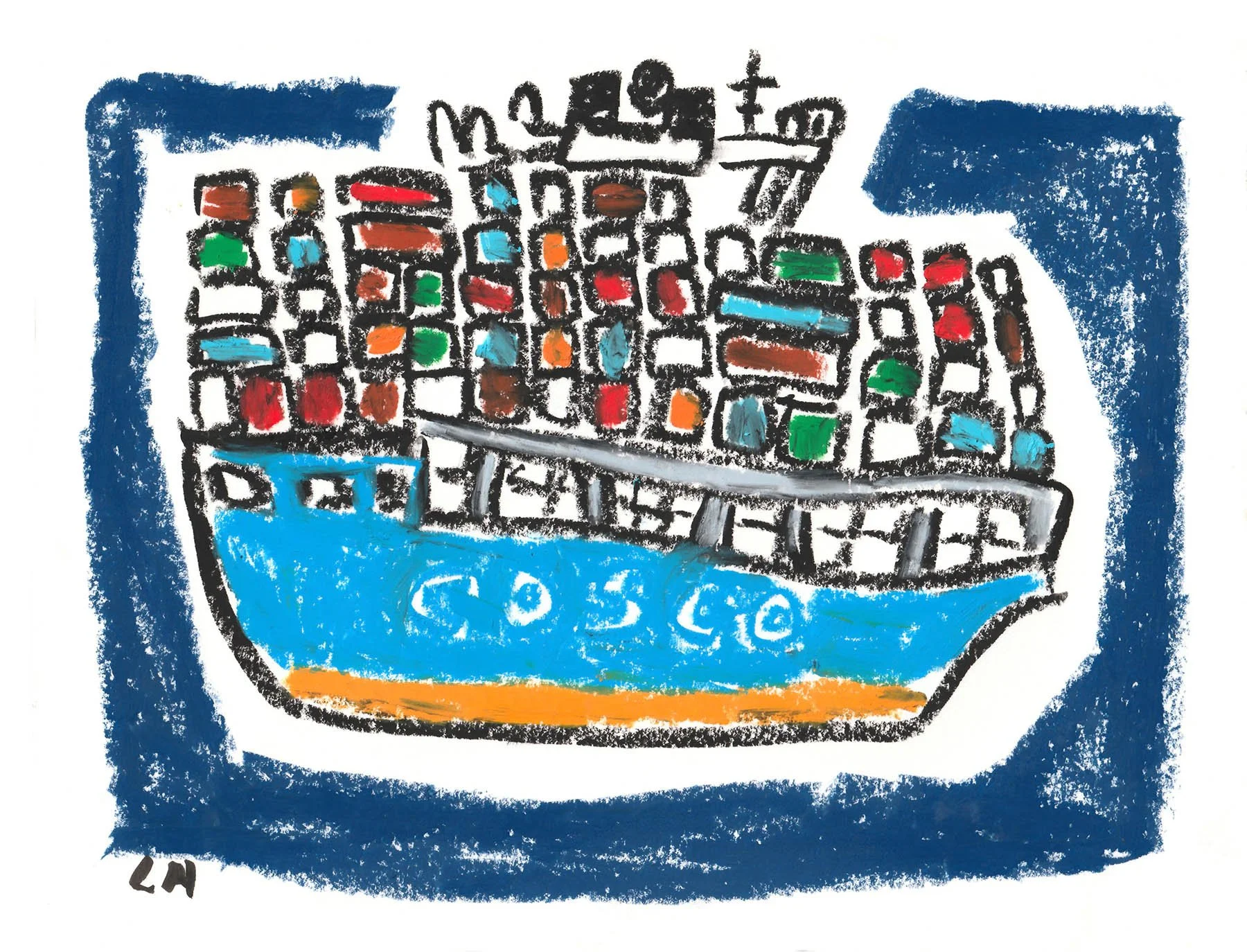 Childish drawing of a computer keyboard with textured black outlines, filled with colorful keys in red, green, blue, and orange, inside a blue and orange border.