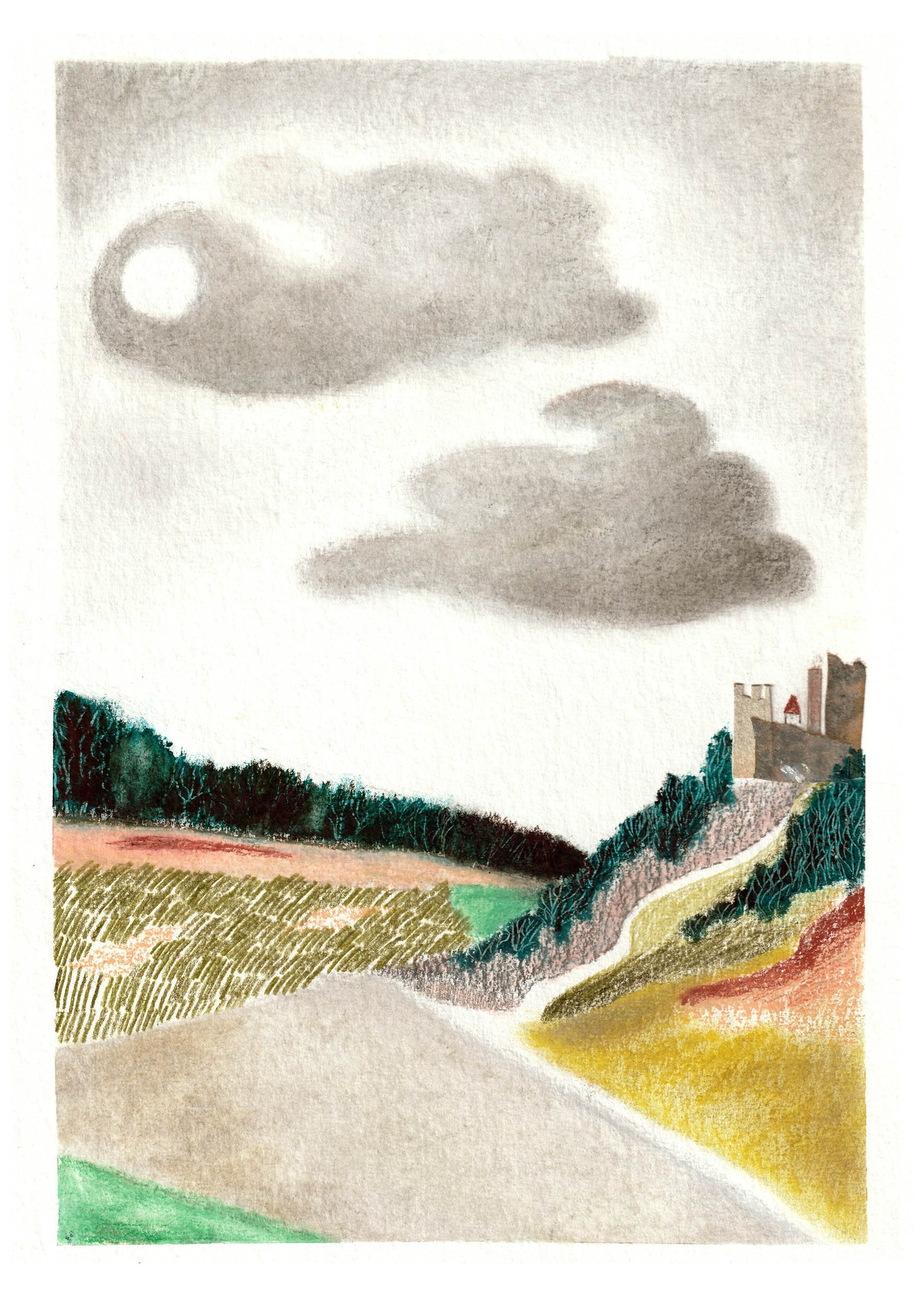 A landscape with rolling hills, a winding road, a castle on a hill, trees, and fields in various colors.