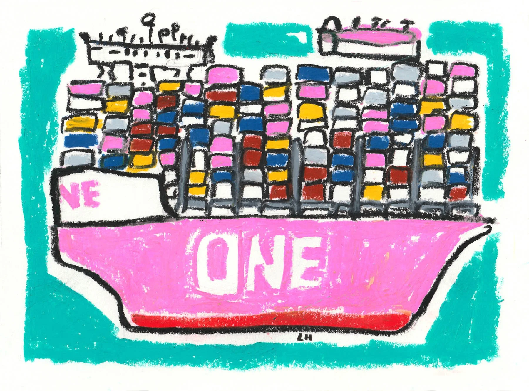 Colorful drawing of a cargo boat ONE filled with colorful shipping containers, with the word ‘ONE’ written on the hull, against a teal background.”