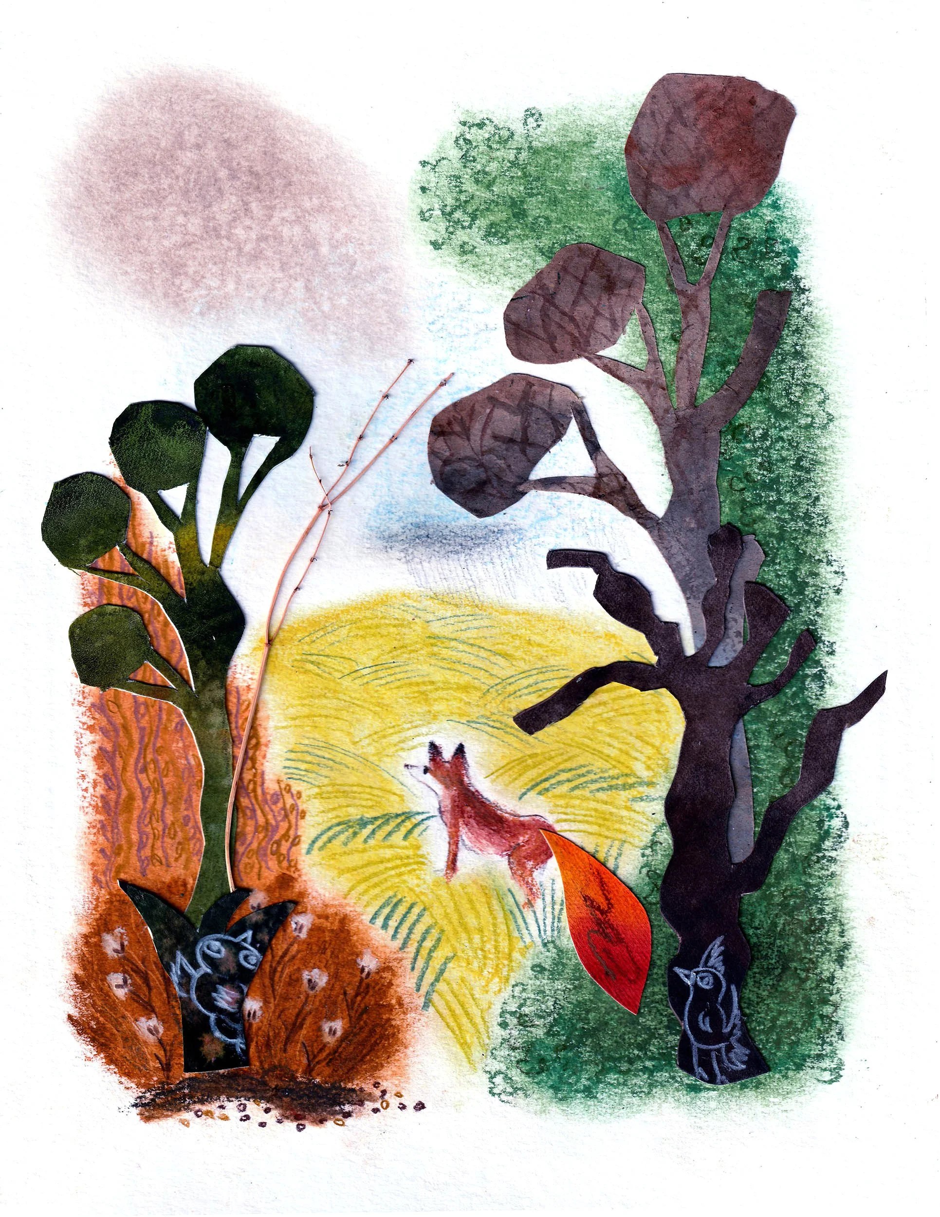 A watercolor illustration of a fox standing among stylized plants, trees, and leaves, with a scenic background of a bright yellow sun, green trees, and a blue sky.