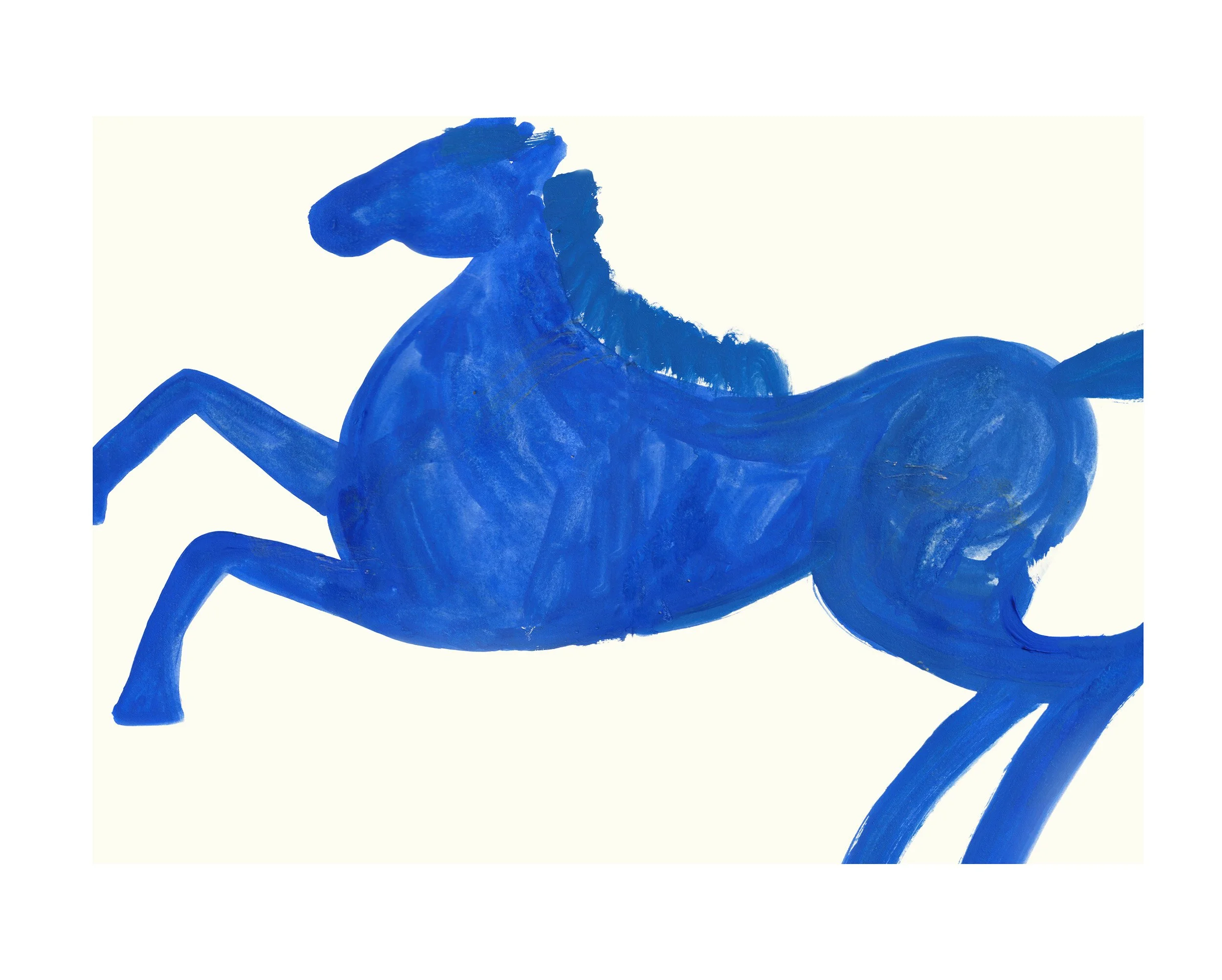 Blue abstract horse painting with brushstrokes on white background.
