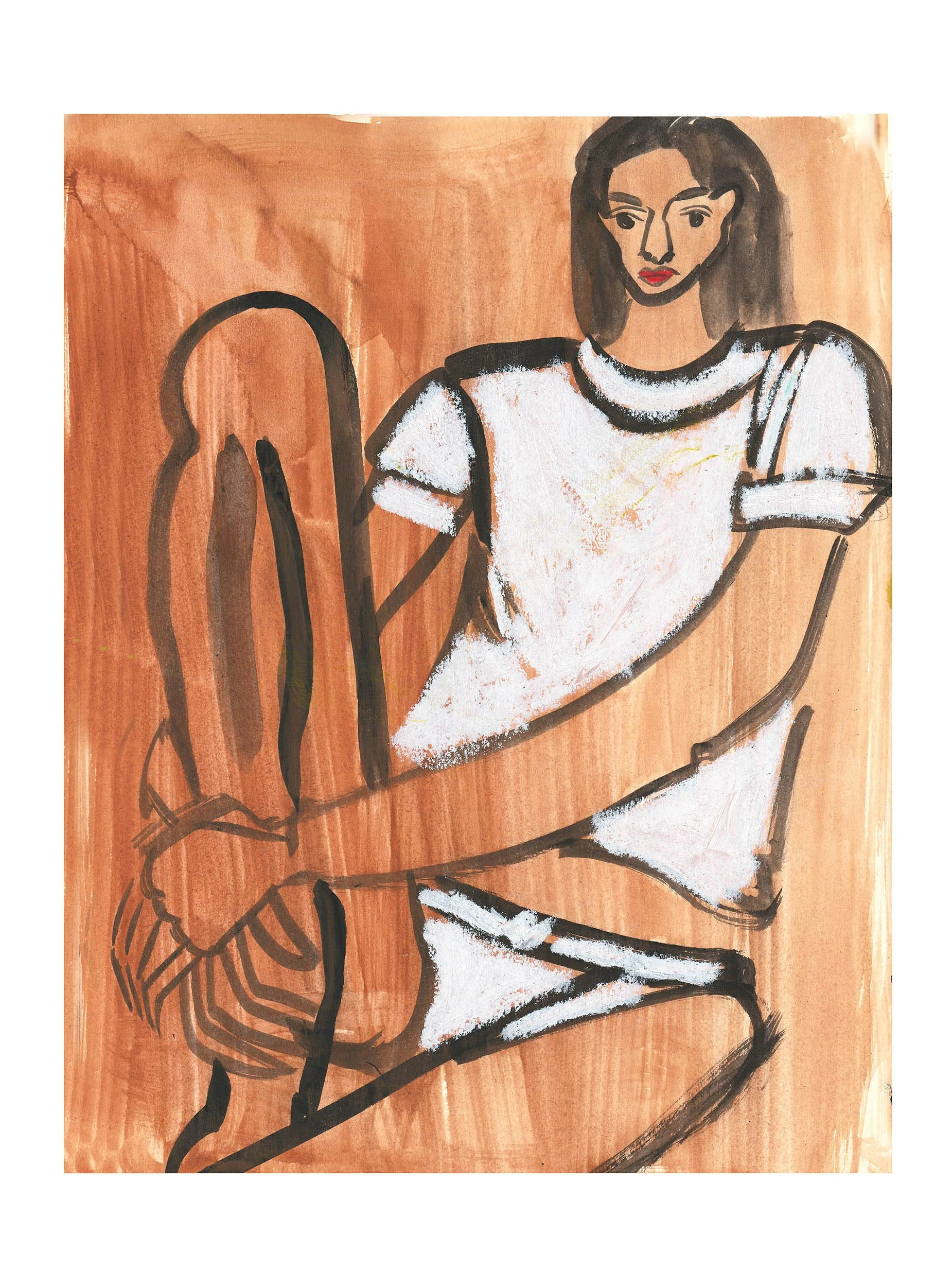 A hand-painted illustration of a woman with dark hair, wearing a white shirt, sitting on a wooden chair with a curved backrest, against a warm brown background. Ink and oil pastels on paper.