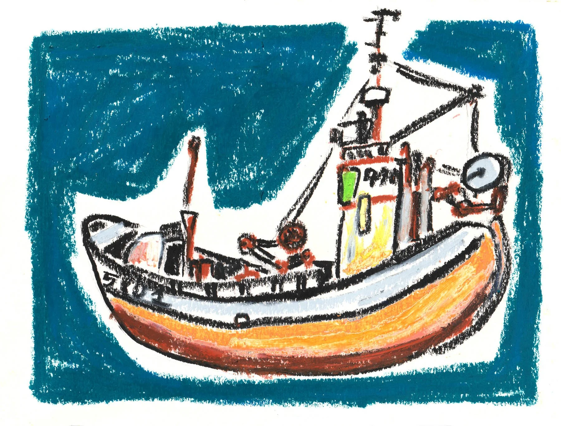 Colorful abstract drawing of a boat with water, painted in a loose, expressive style with bold lines and vibrant colors.