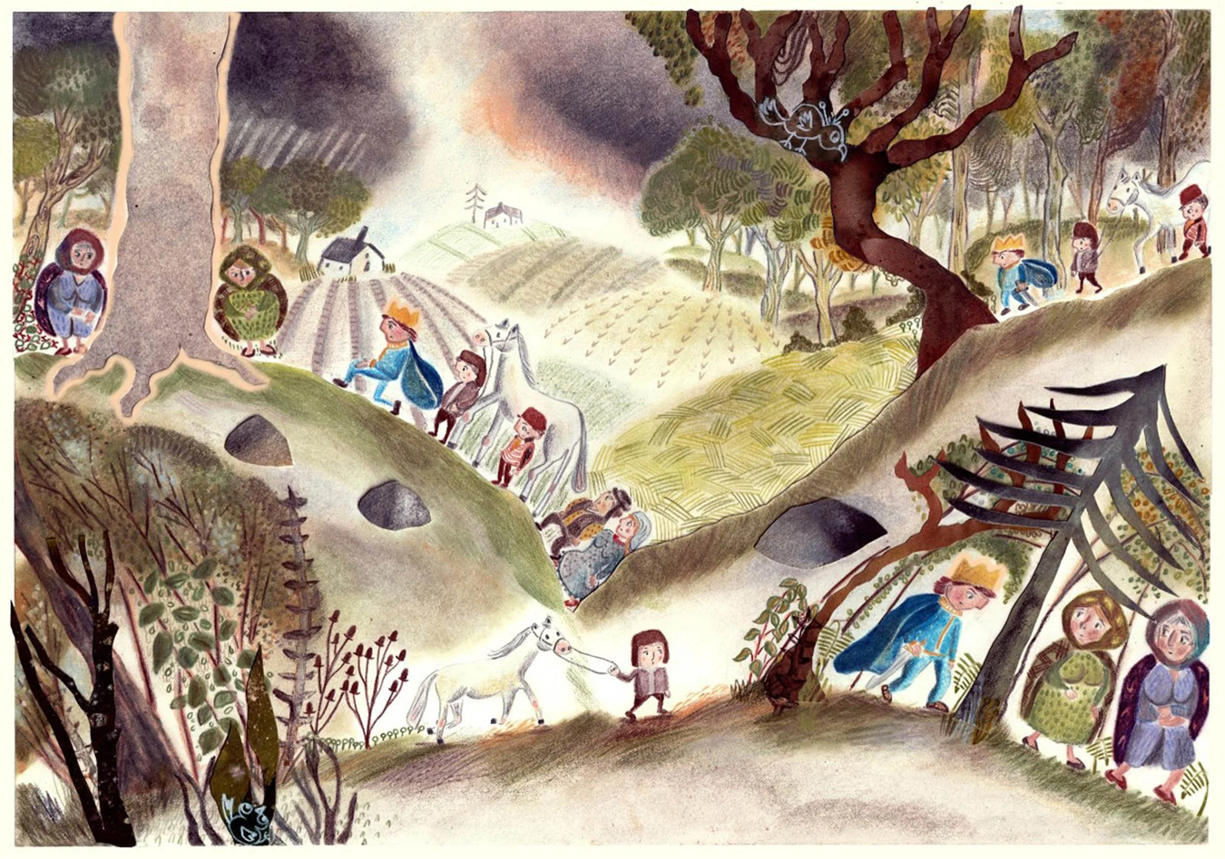 A whimsical watercolor illustration depicting a fairy tale woodland scene with children, animals, and trees, featuring a castle, small houses, and a cloudy sky.