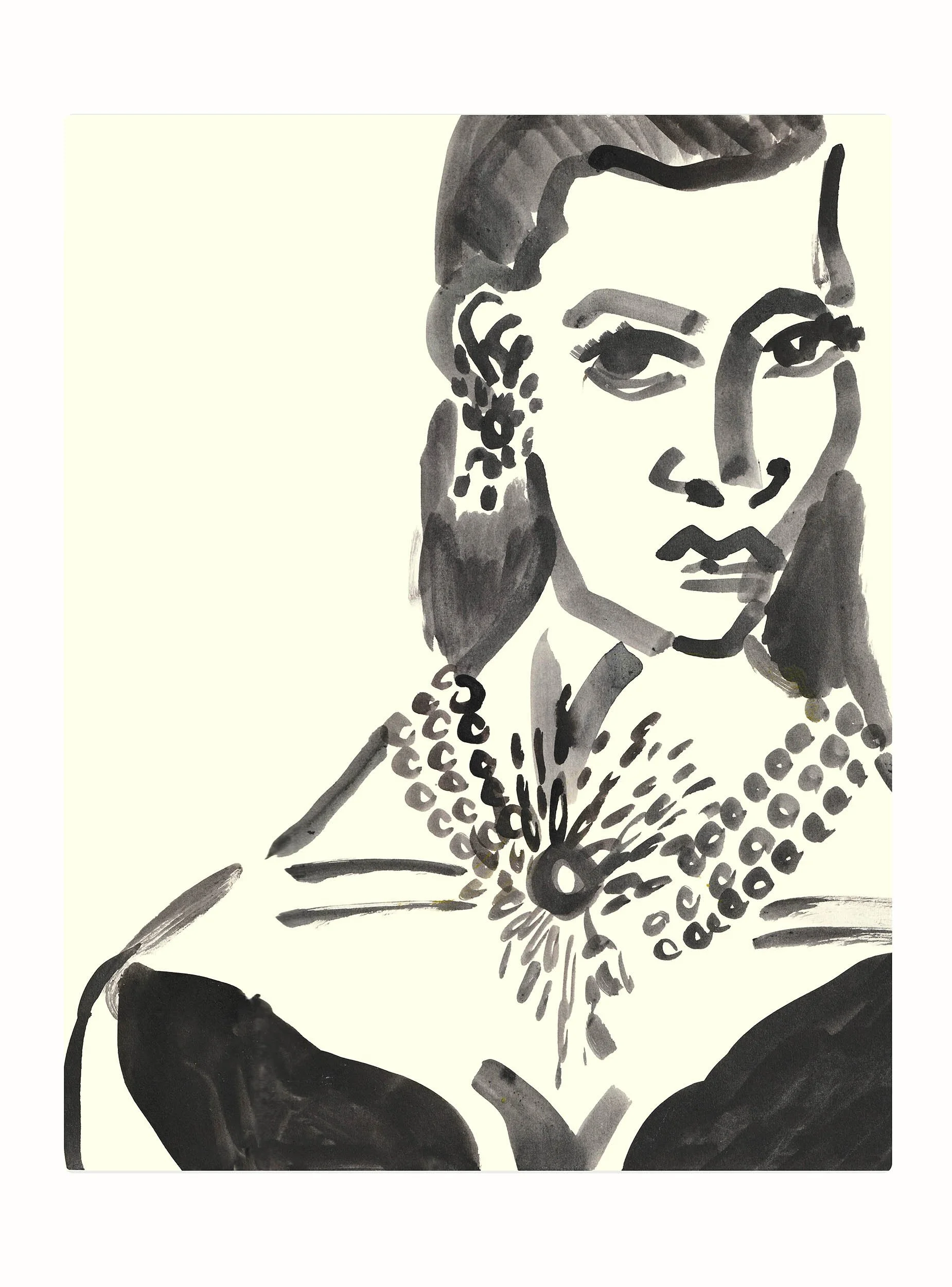 Black and white watercolor portrait of a woman with a serious expression, wearing earrings and a patterned dress.